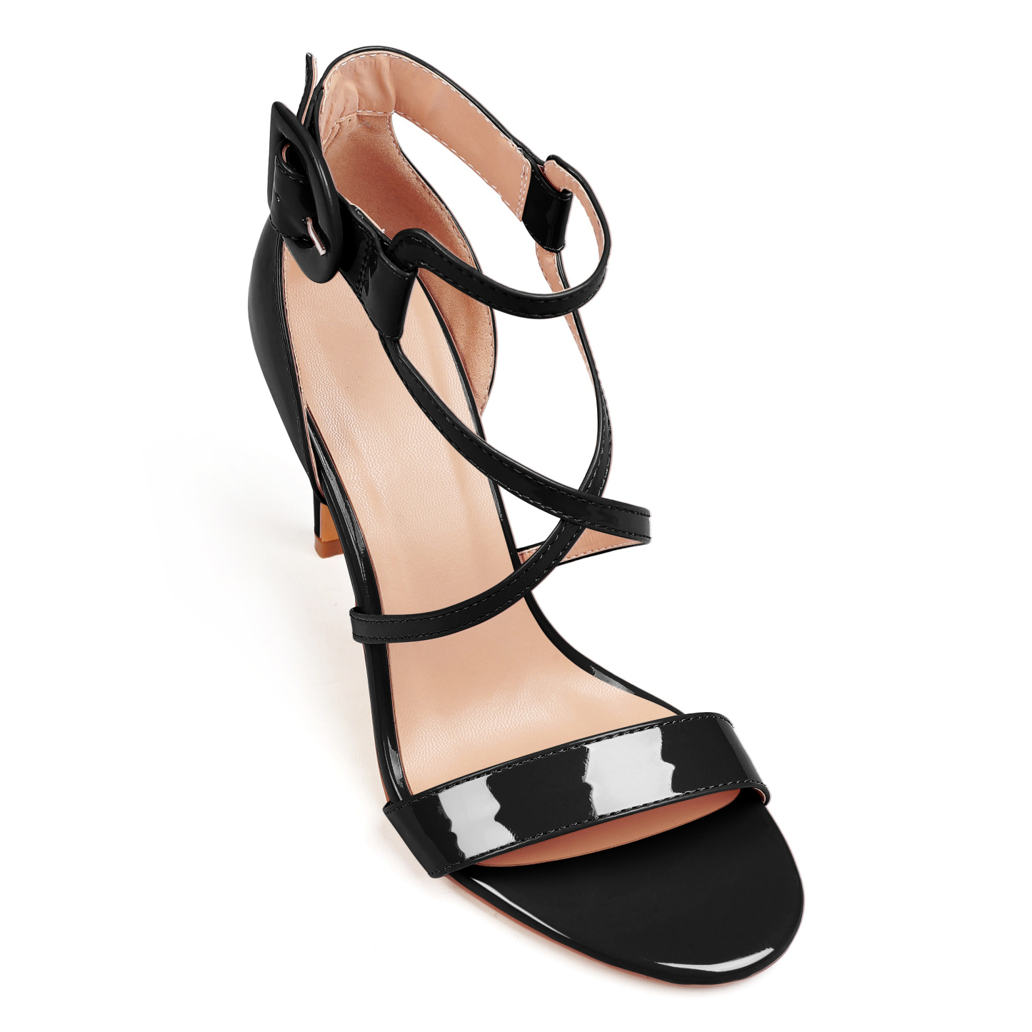Top view of beige crisscross heel sandals displaying insole cushioning

