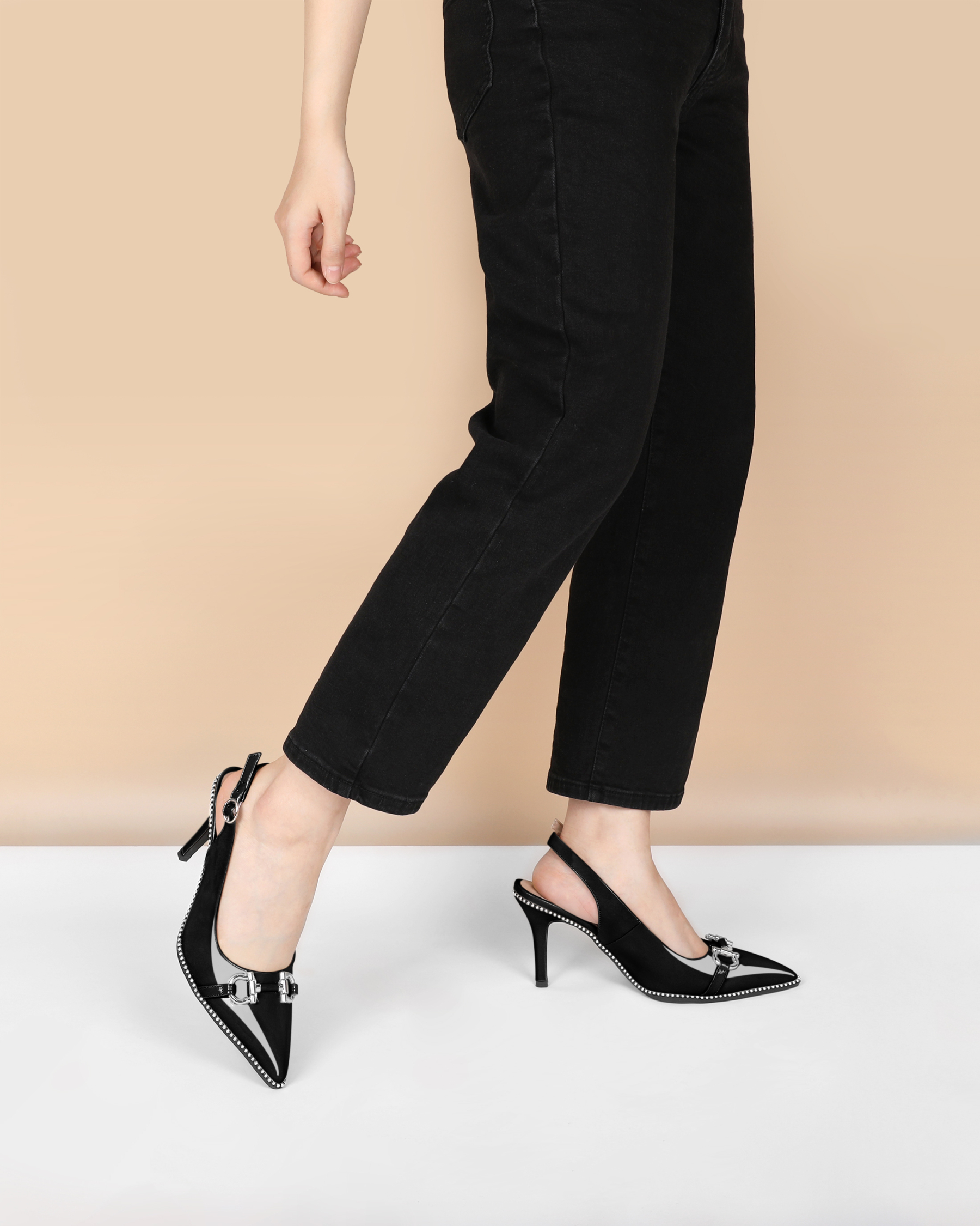 Sammitop Women Beaded Pumps High Heel Slingback Pointed Toe Slip On Stilettos Ankle Strap Adjustable Buckle 3.5 Inch Dress Shoes Patent Leather