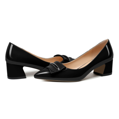 Close-up of low chunky heel with textured sole for grip