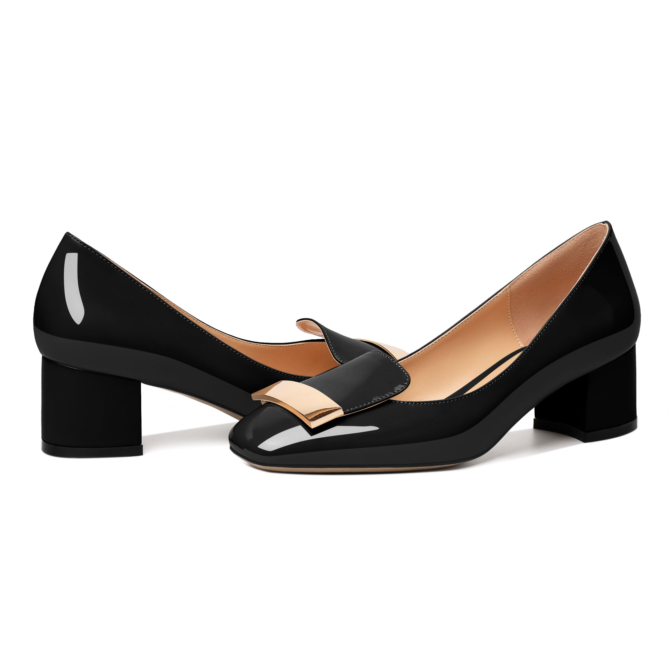 SAMMITOP  Low Block Heels Pumps Square Toe Chunky Heels Slip On 2 Inch 