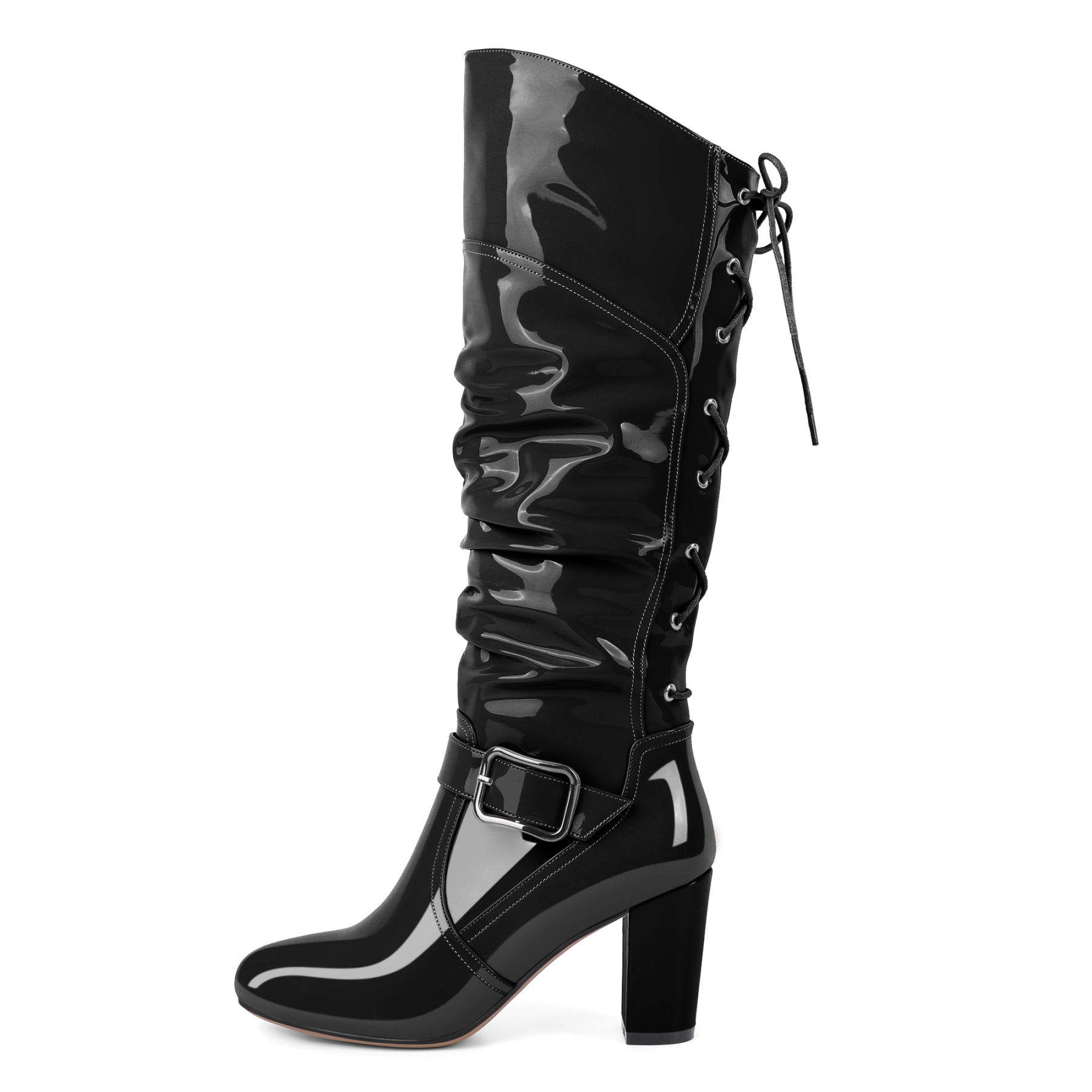 Side profile view of patent leather knee high boots with chunky heel