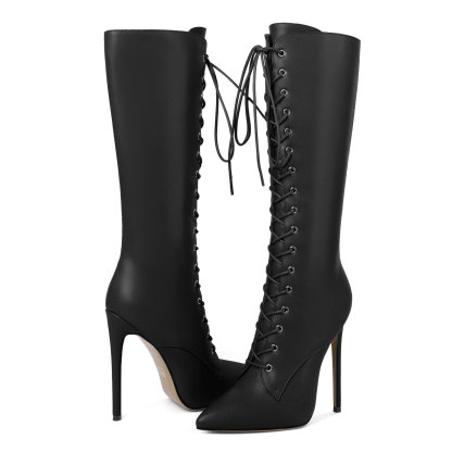 Front view of SAMMITOP knee-high lace-up boots showing full lace detail