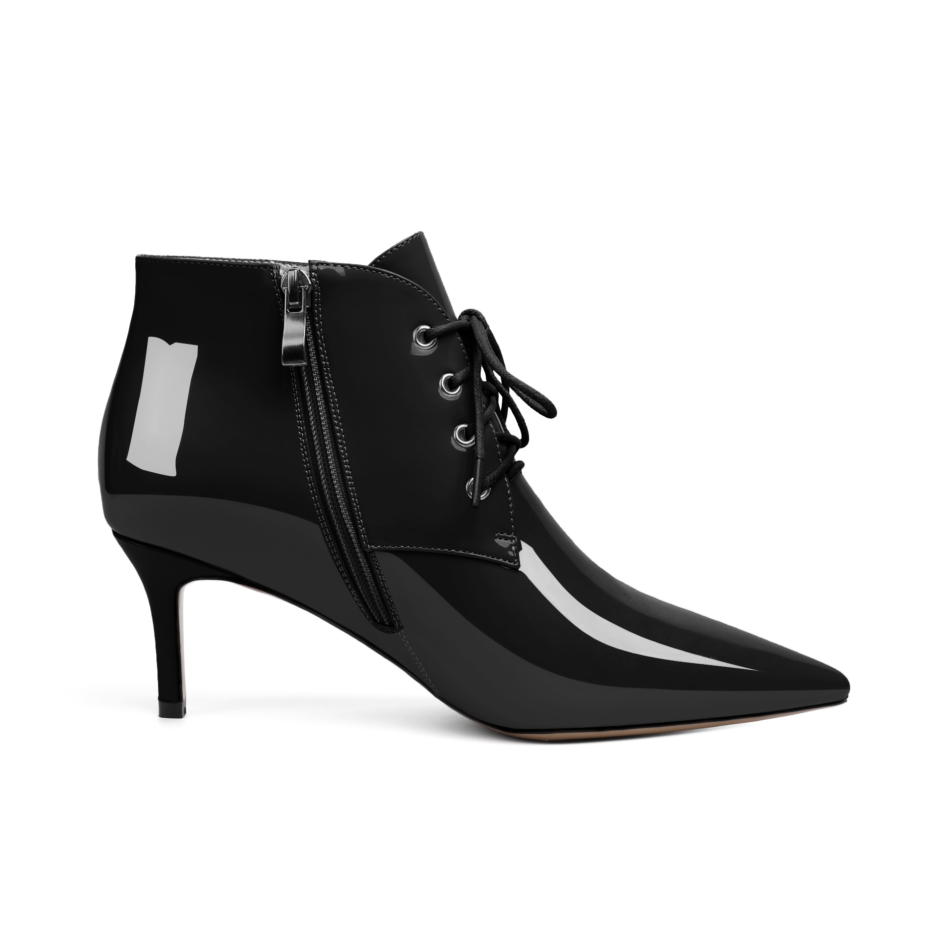 Side profile of kitten heel boot showing pointed toe and ankle height