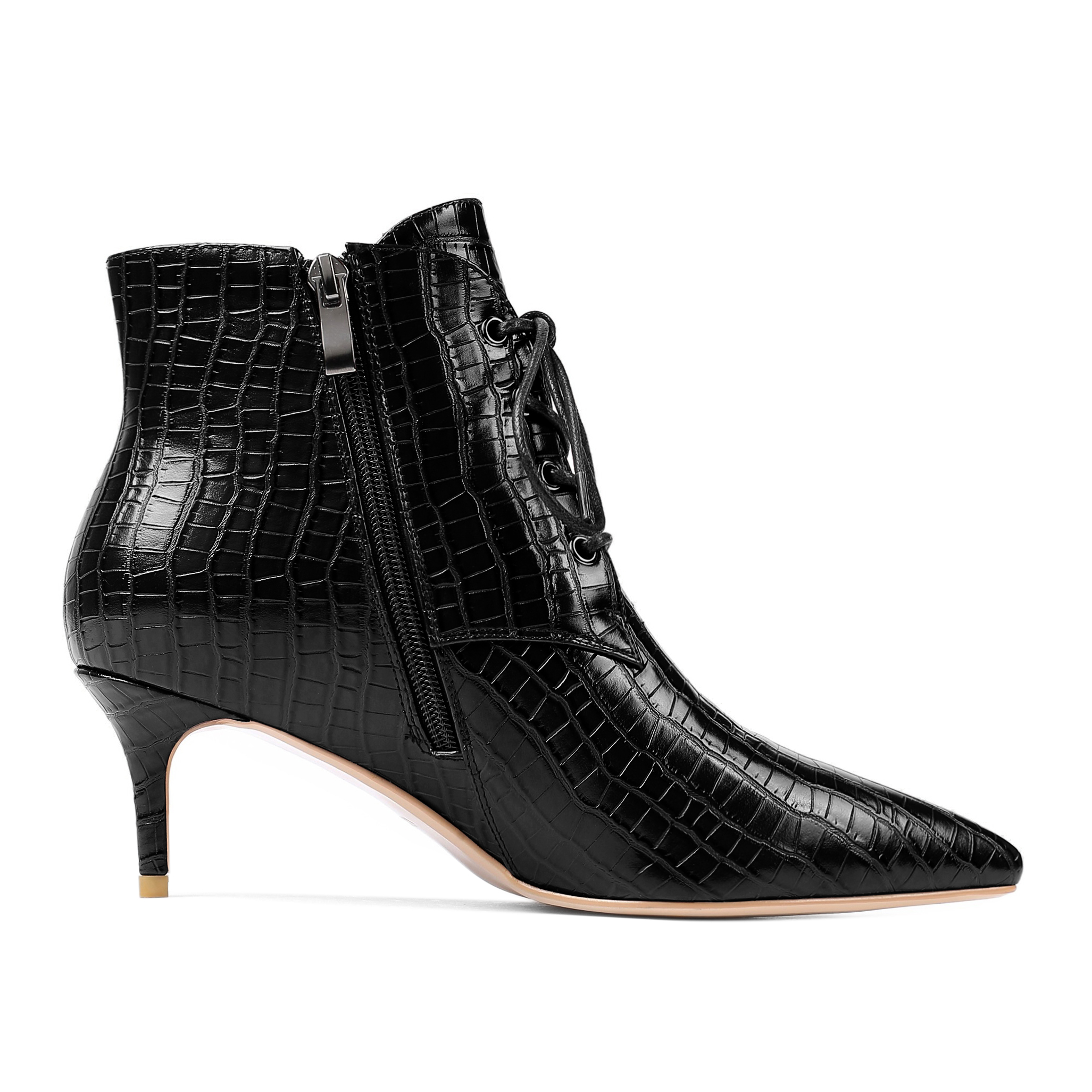 Side profile of SAMMITOP croc-textured kitten heel boots in sleek silhouette