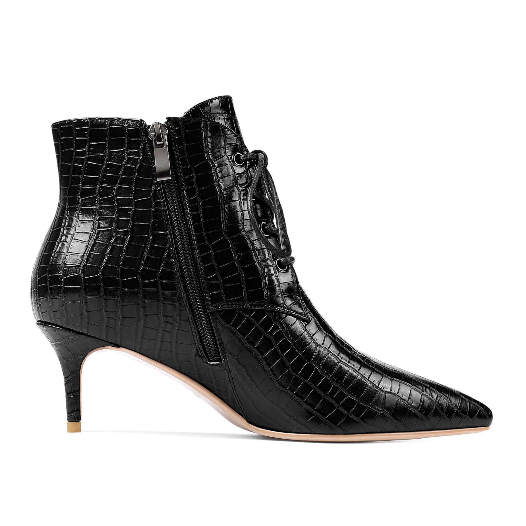Side profile of SAMMITOP croc-textured kitten heel boots in sleek silhouette
