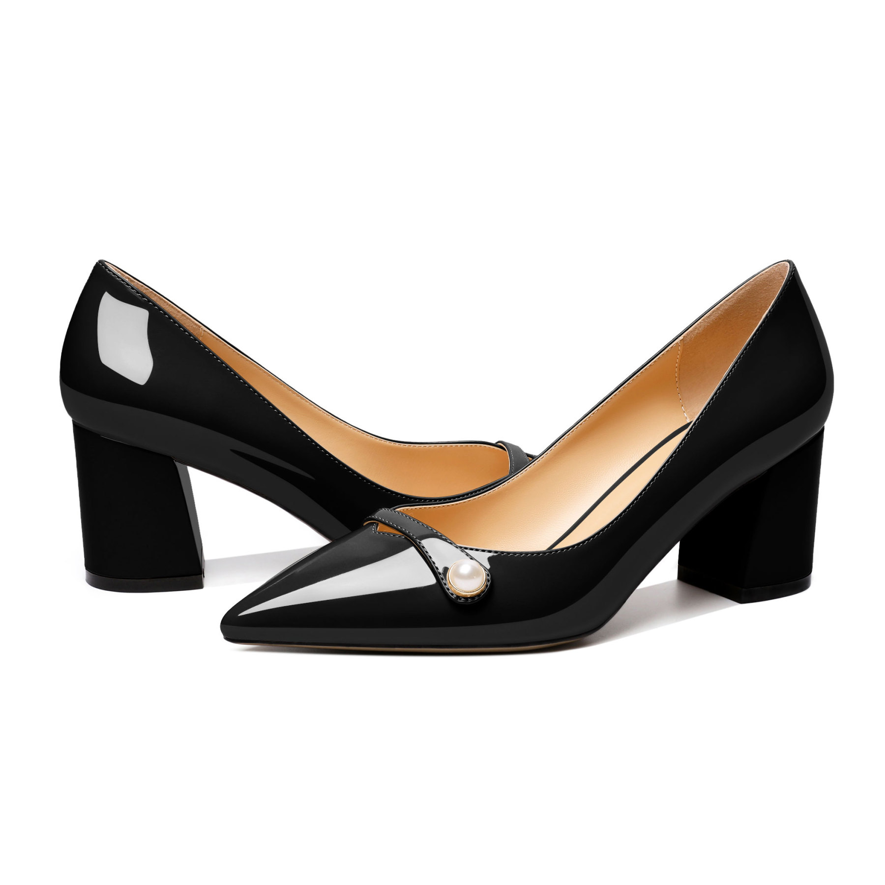 SAMMITOP Pearl Chunky Block Heel Pumps Pointed Toe Slip Office Dress Shoes