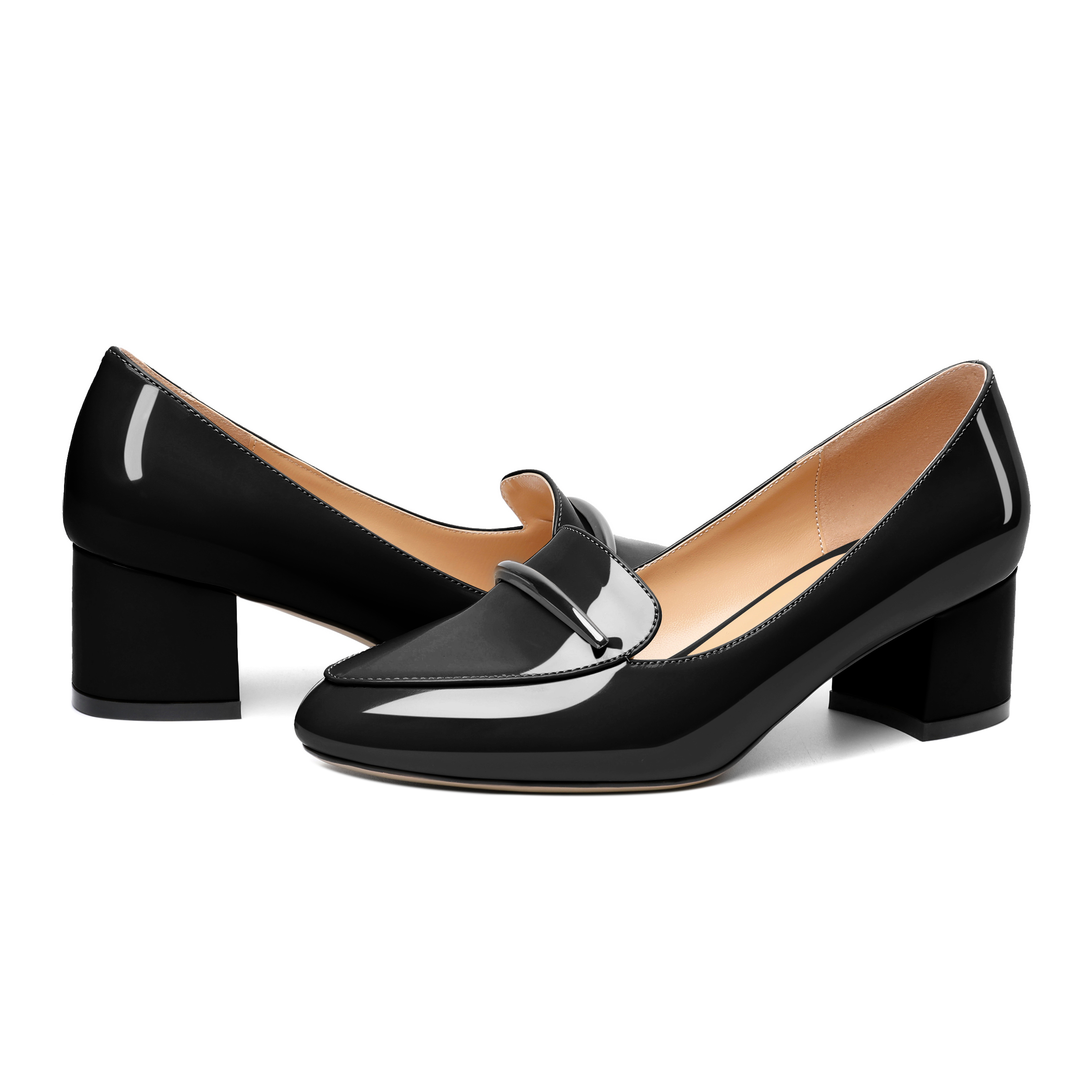 Side view of slip-on loafers highlighting 2-inch block heel

