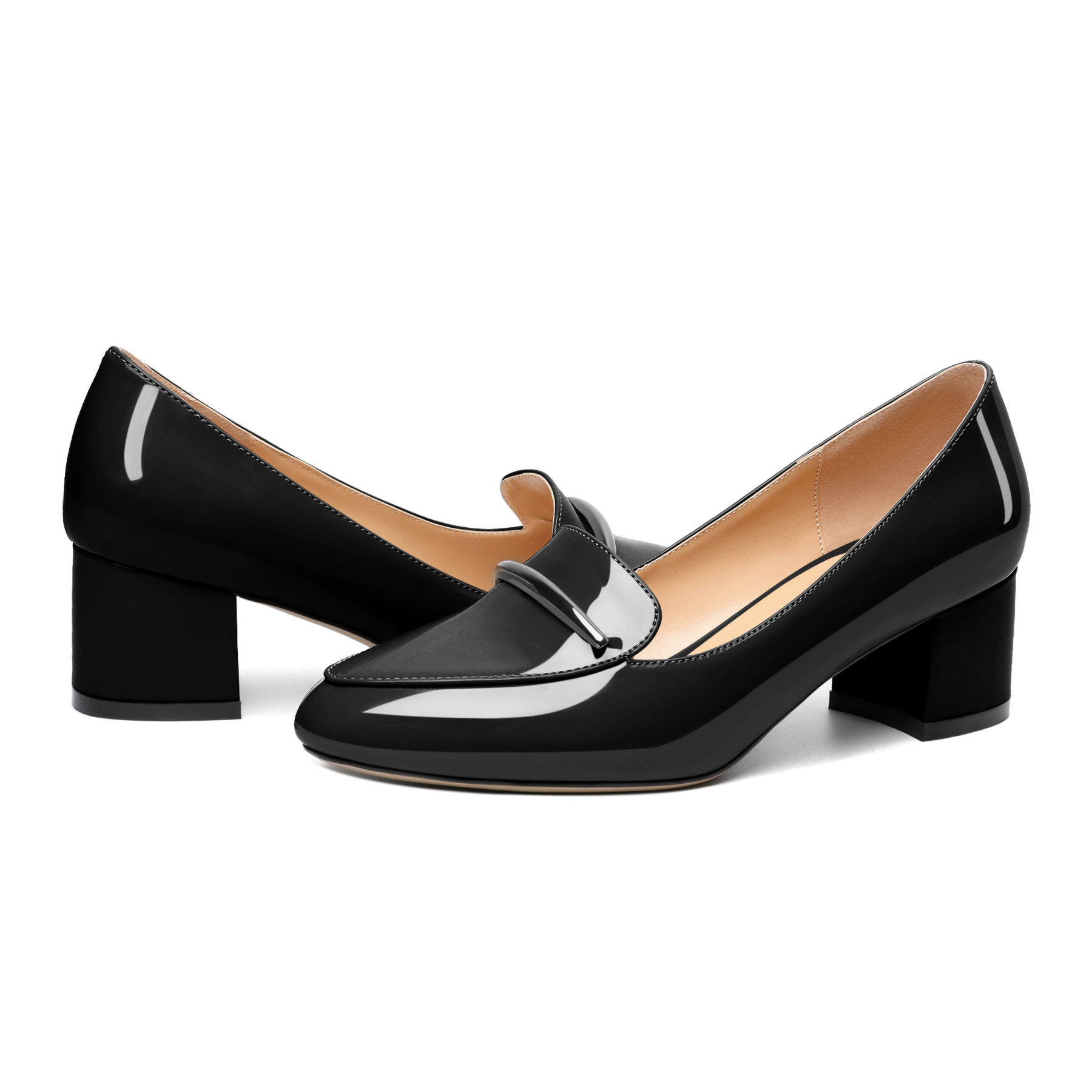 Side view of slip-on loafers highlighting 2-inch block heel

