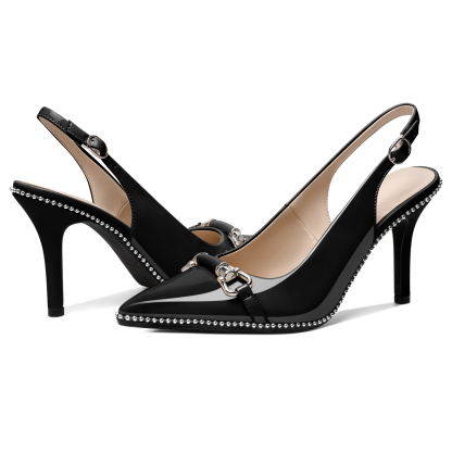Side profile highlighting 3.5 inch stiletto heel and slingback strap