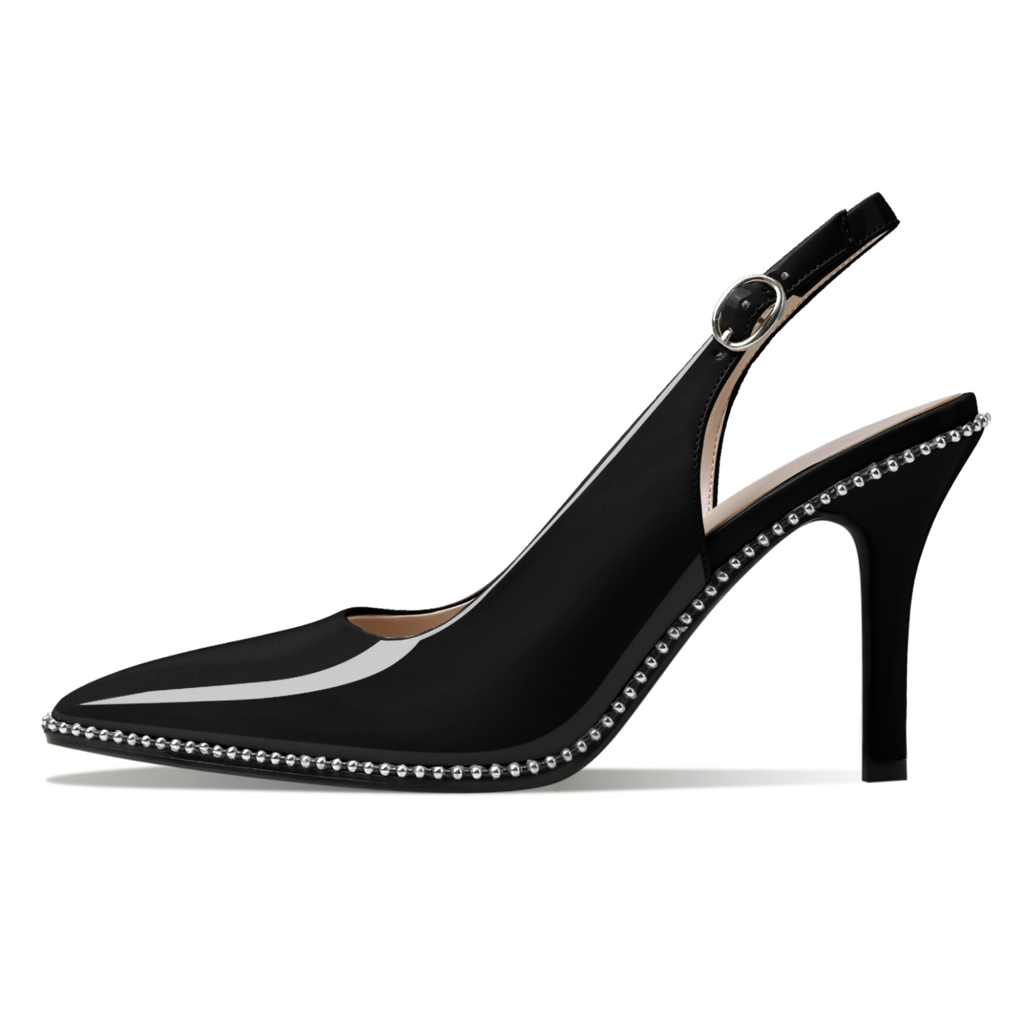 Close-up of silver beaded detailing and pointed toe on black SAMMITOP slingback heels