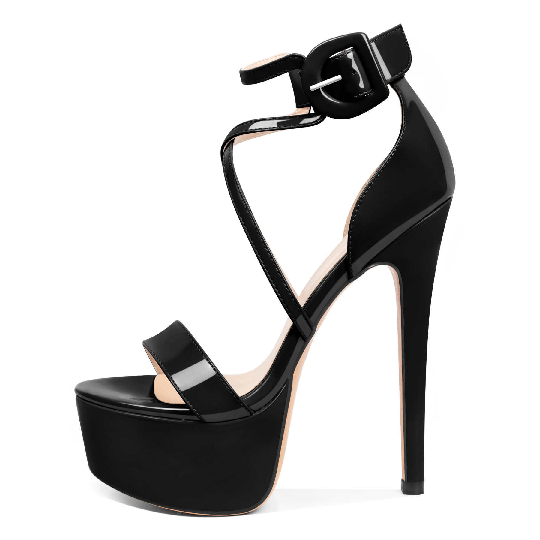 Side view of black SAMMITOP crisscross platform heels