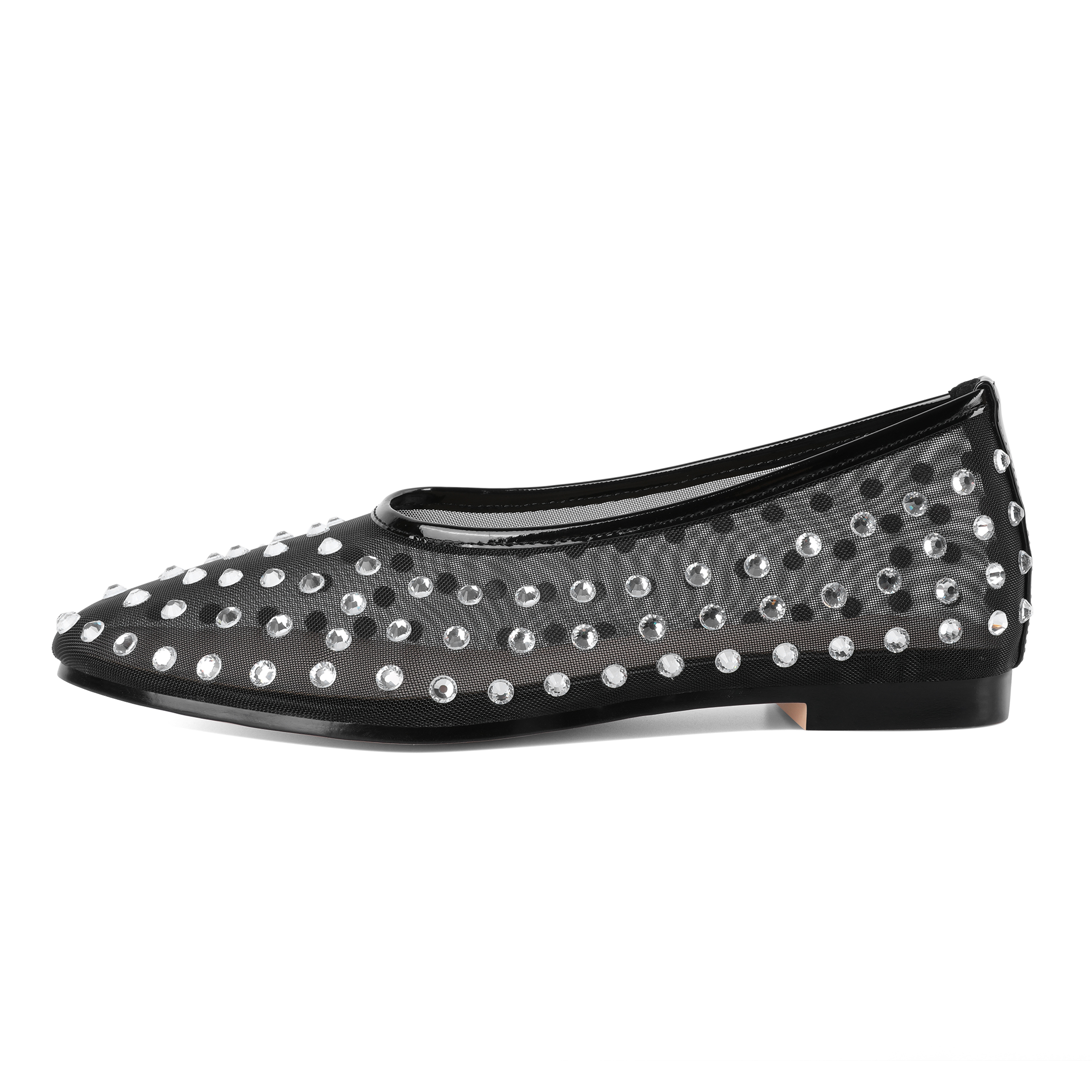 Side profile of rhinestone bow ballet flat with Mary Jane strap