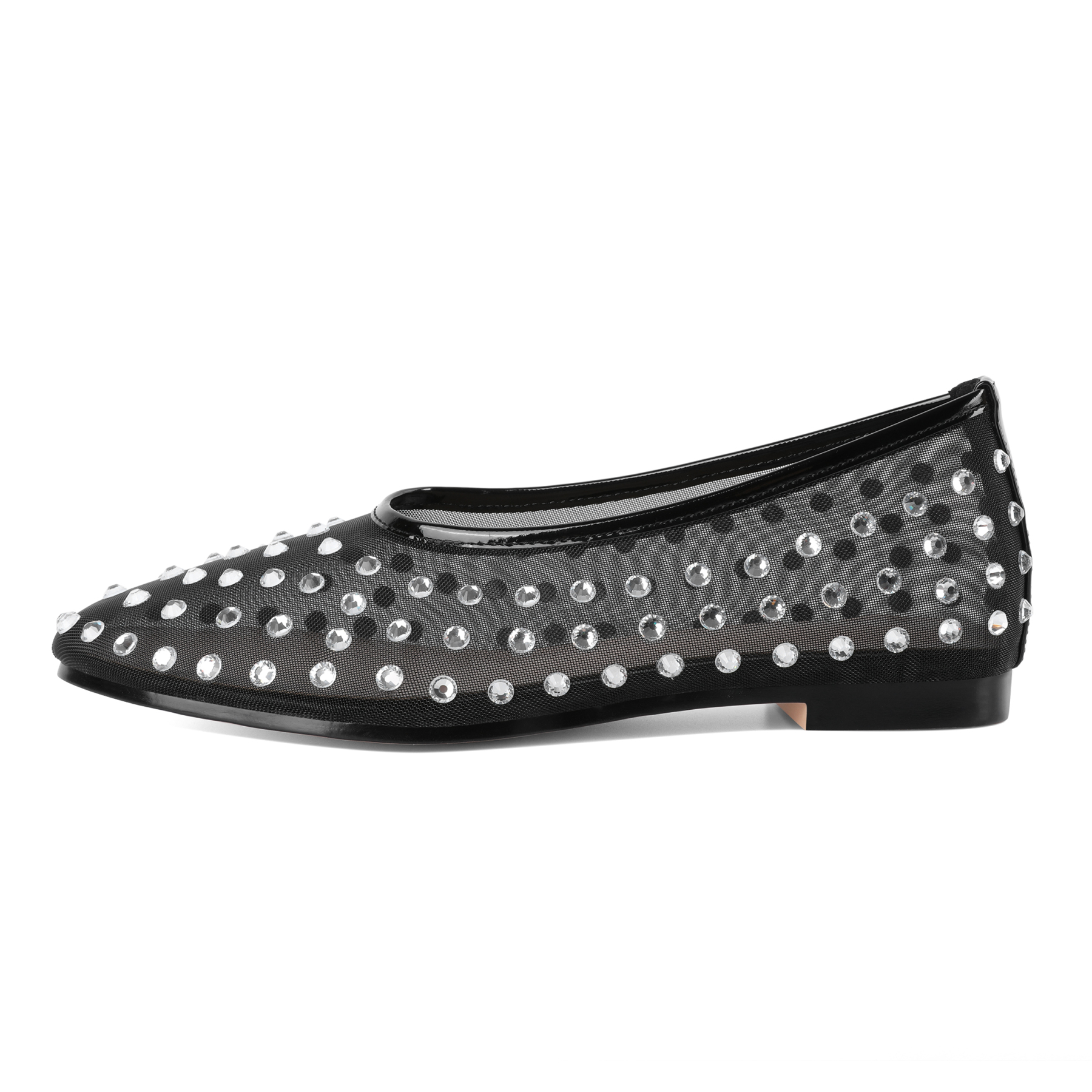 Side profile of rhinestone bow ballet flat with Mary Jane strap