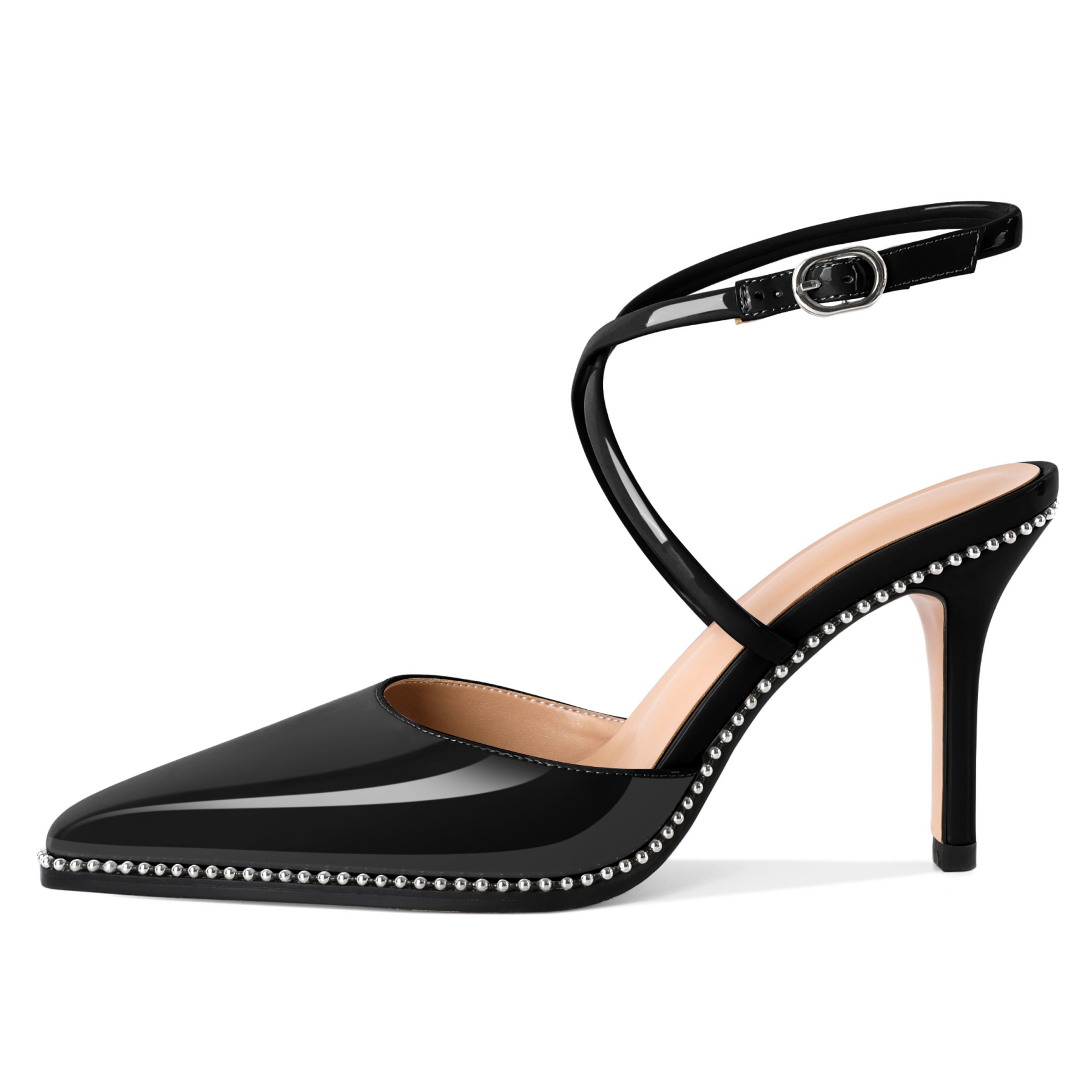 SAMMITOP Side view showing slim 3.5-inch stiletto heel and crisscross ankle straps