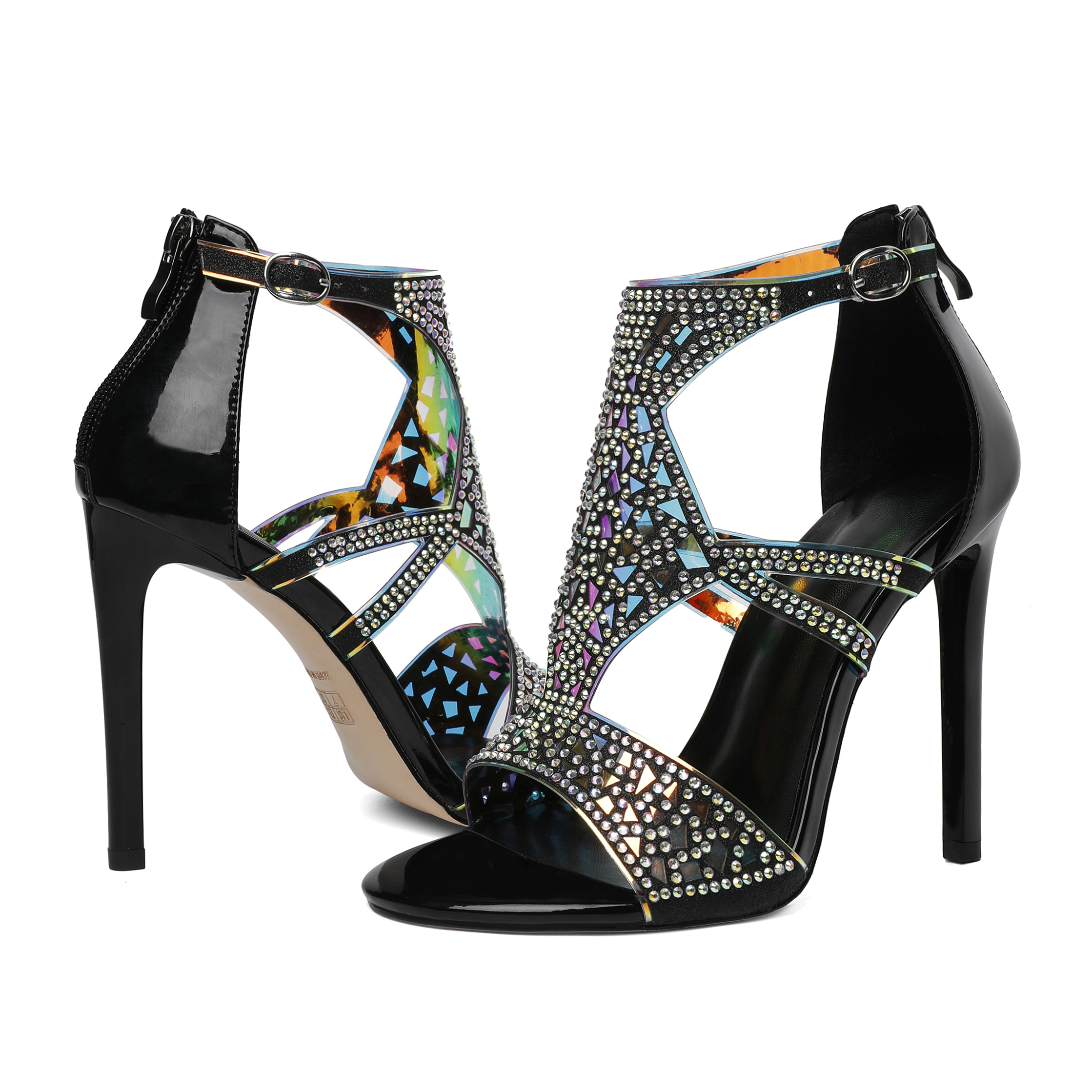 SAMMITOP 4 Inch Cutout Gladiator Rhineston Sandals Macro shot of rhinestone detail and stitching quality