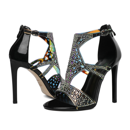 SAMMITOP 4 Inch Cutout Gladiator Rhineston Sandals Macro shot of rhinestone detail and stitching quality