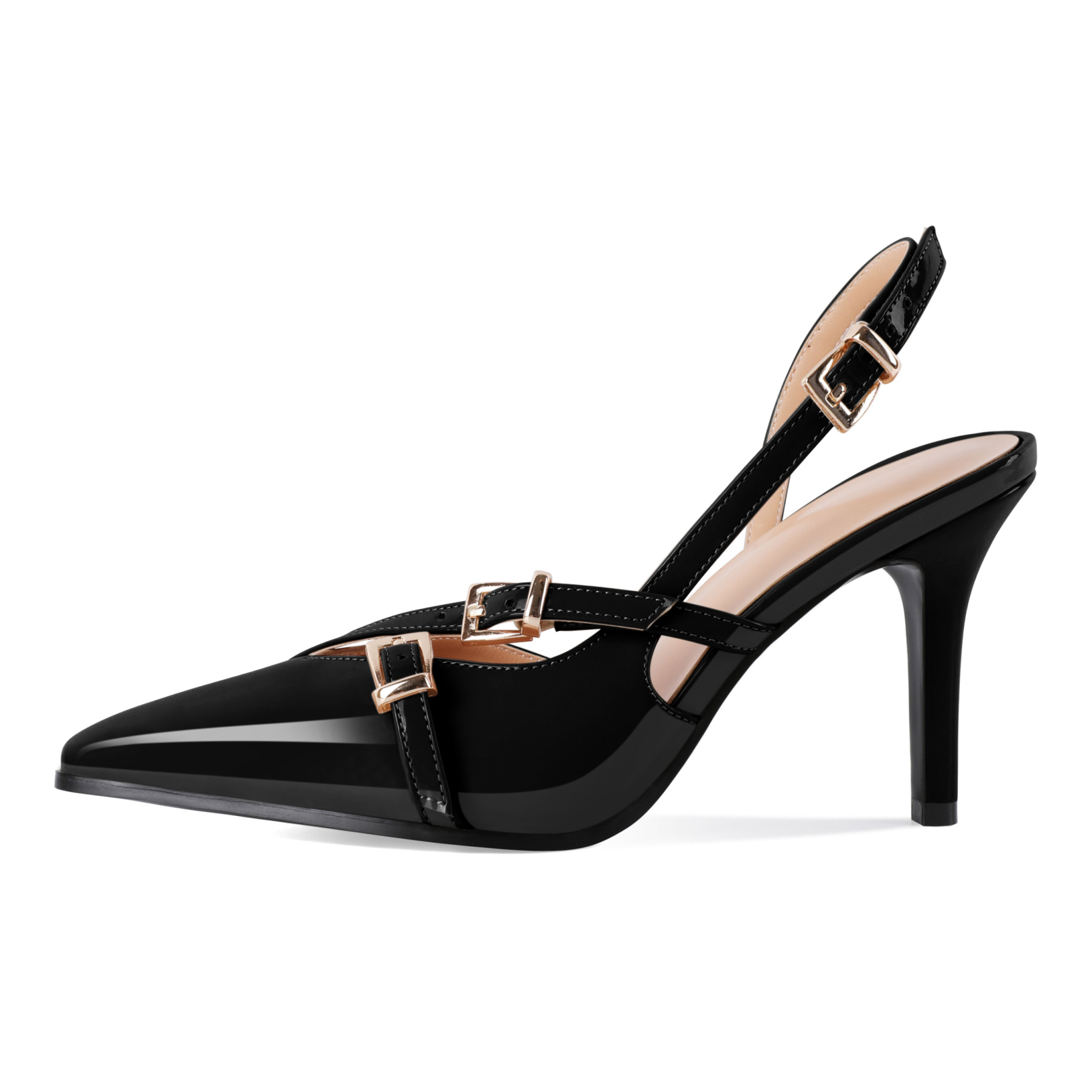 Side view of women's slingback stiletto heel showing arch and ankle straps
