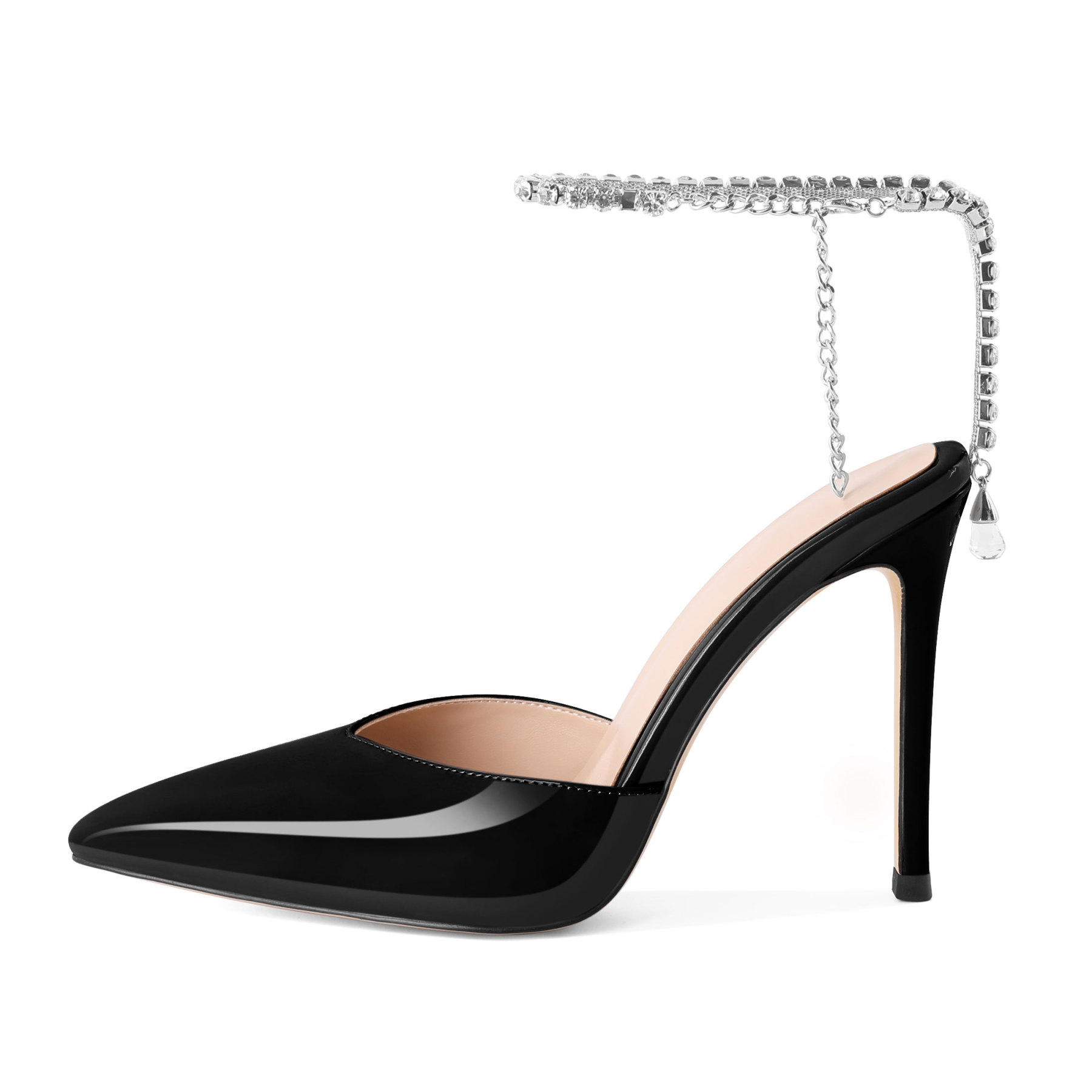 Side view of high-heeled sandal with crystal ankle chain and stiletto heel