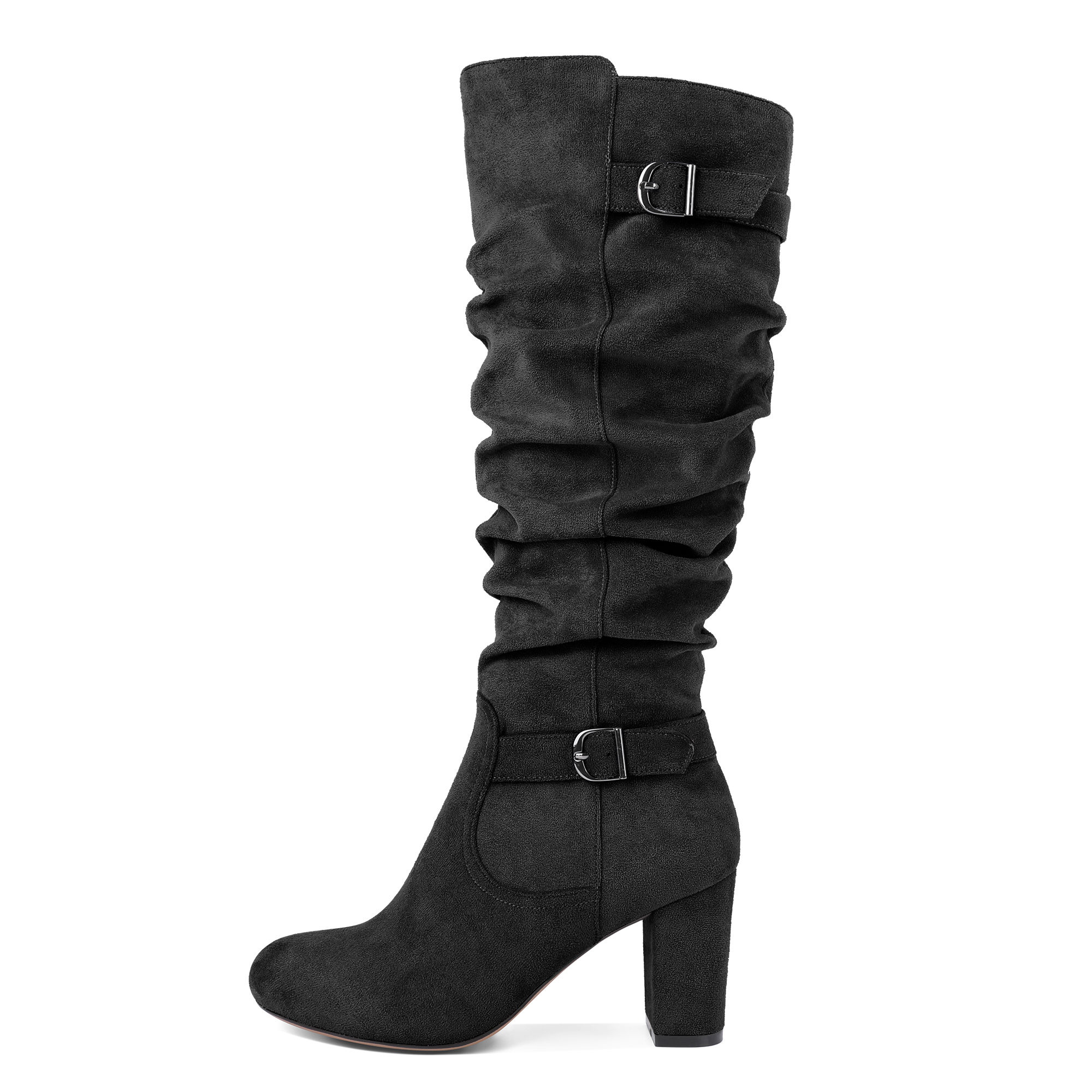 Sammitop Slouchy High Heel Boots for Women Knee High Chunky Heel Boots Round Toe Slouch Metal Buckle Side Zipper Tall Boots 3.5 Inches