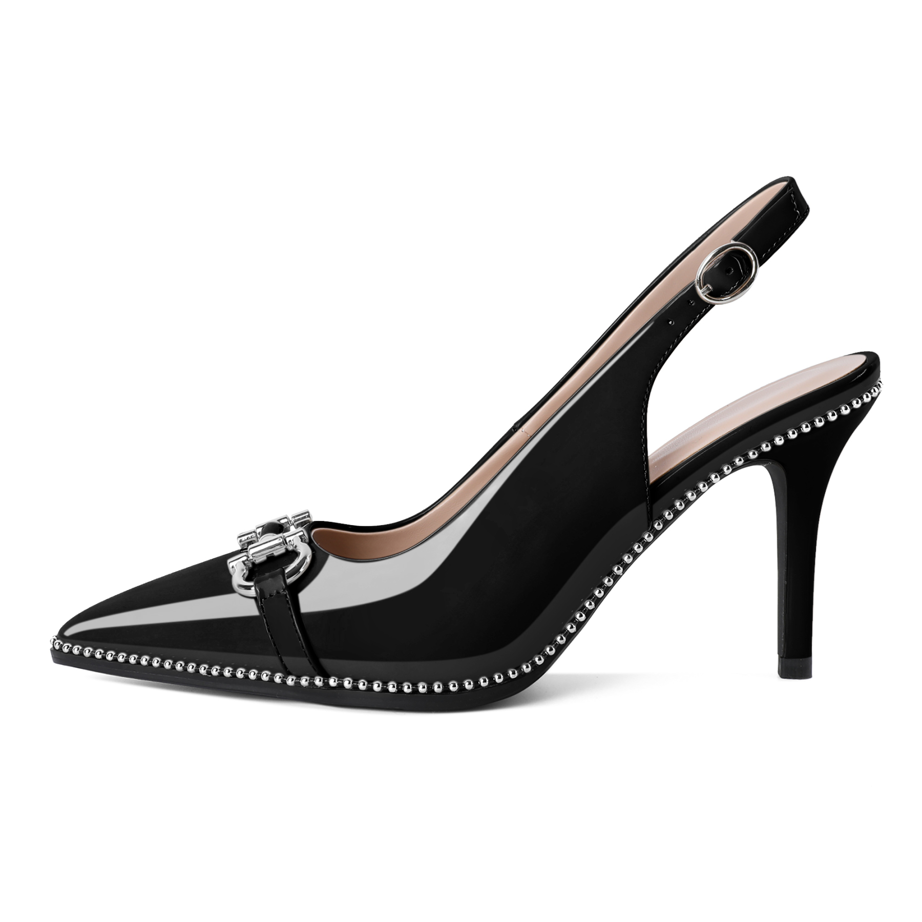Women's black slingback stiletto heels with silver bead detail and pointed toe design