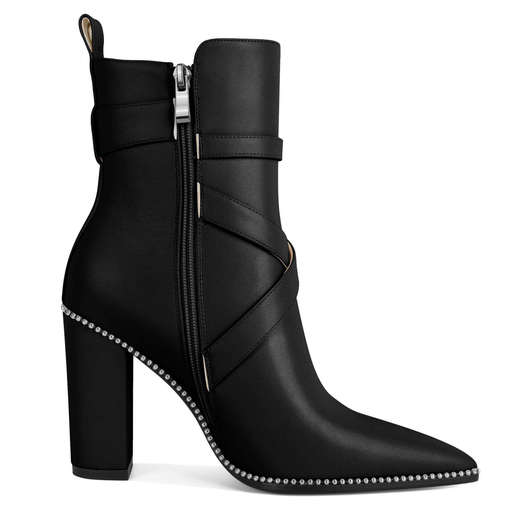 Side profile of beaded ankle boots showing chunky heel and toe