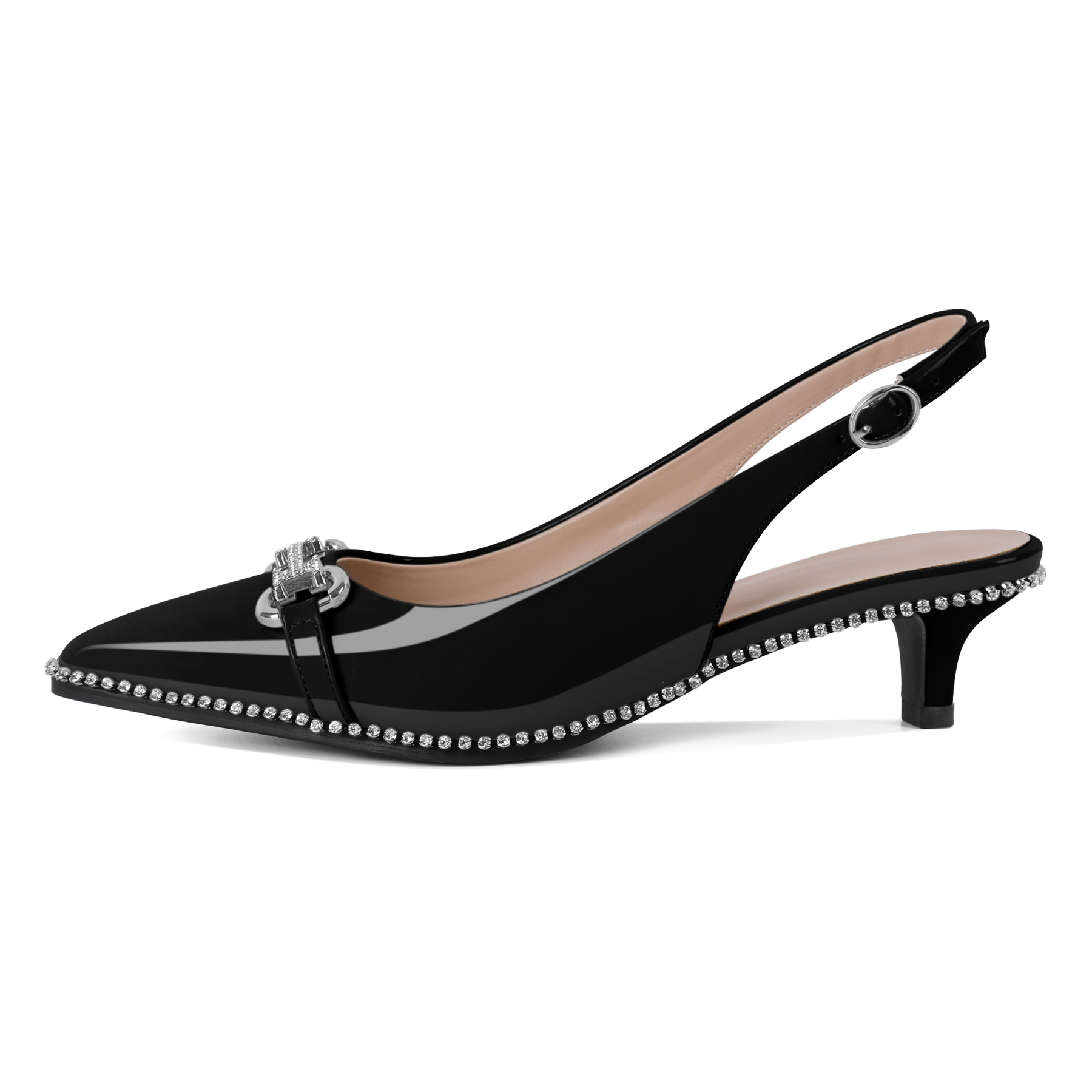 Women's black slingback kitten heels with pointed toe and rhinestone beading on low heel