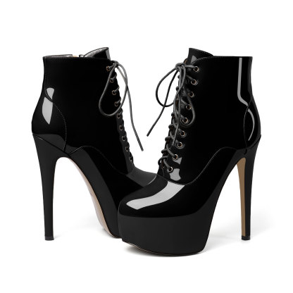 Front view of SAMMITOP stiletto platform ankle boots with lace-up design