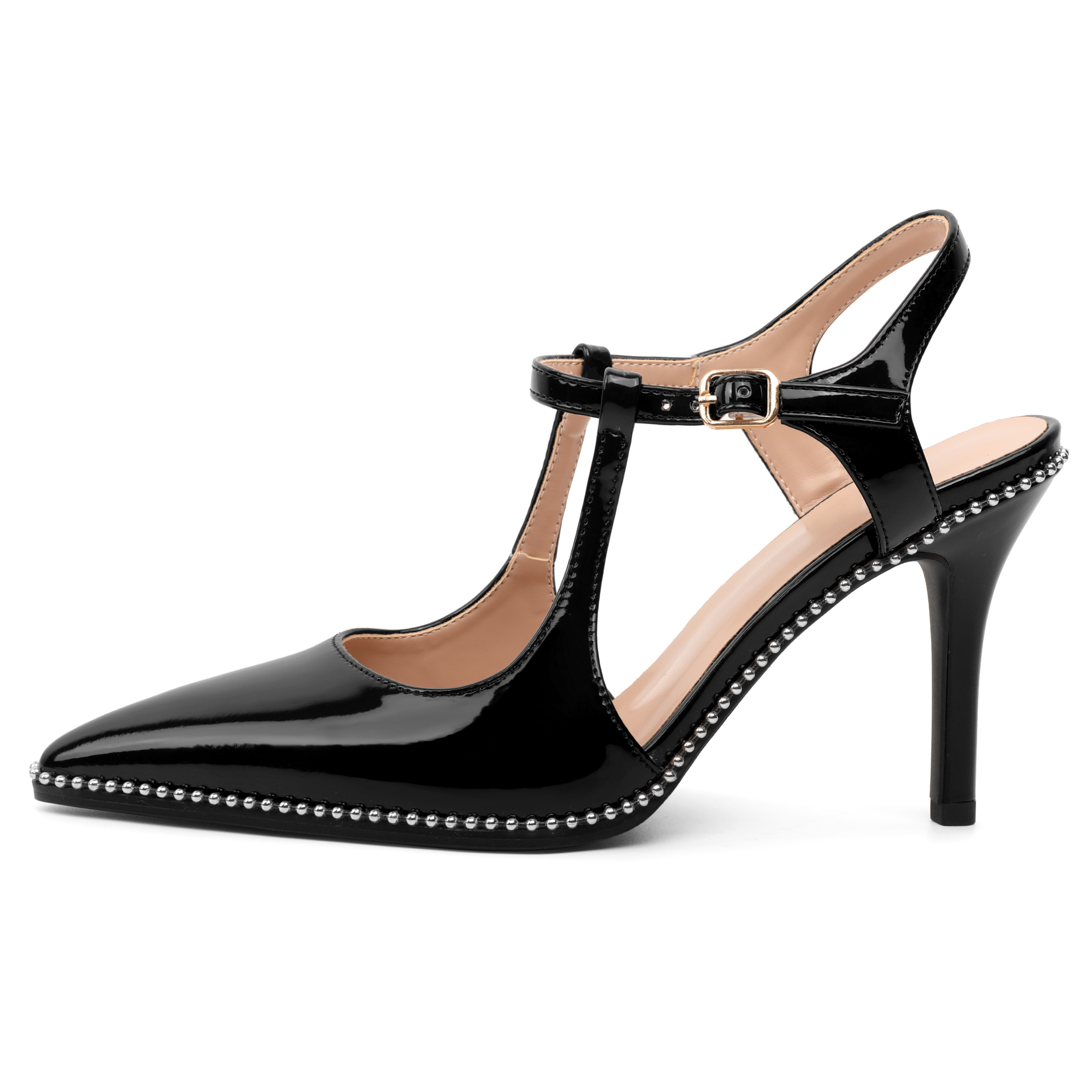 Side angle of beige pointed toe heels showing heel height and ankle strap