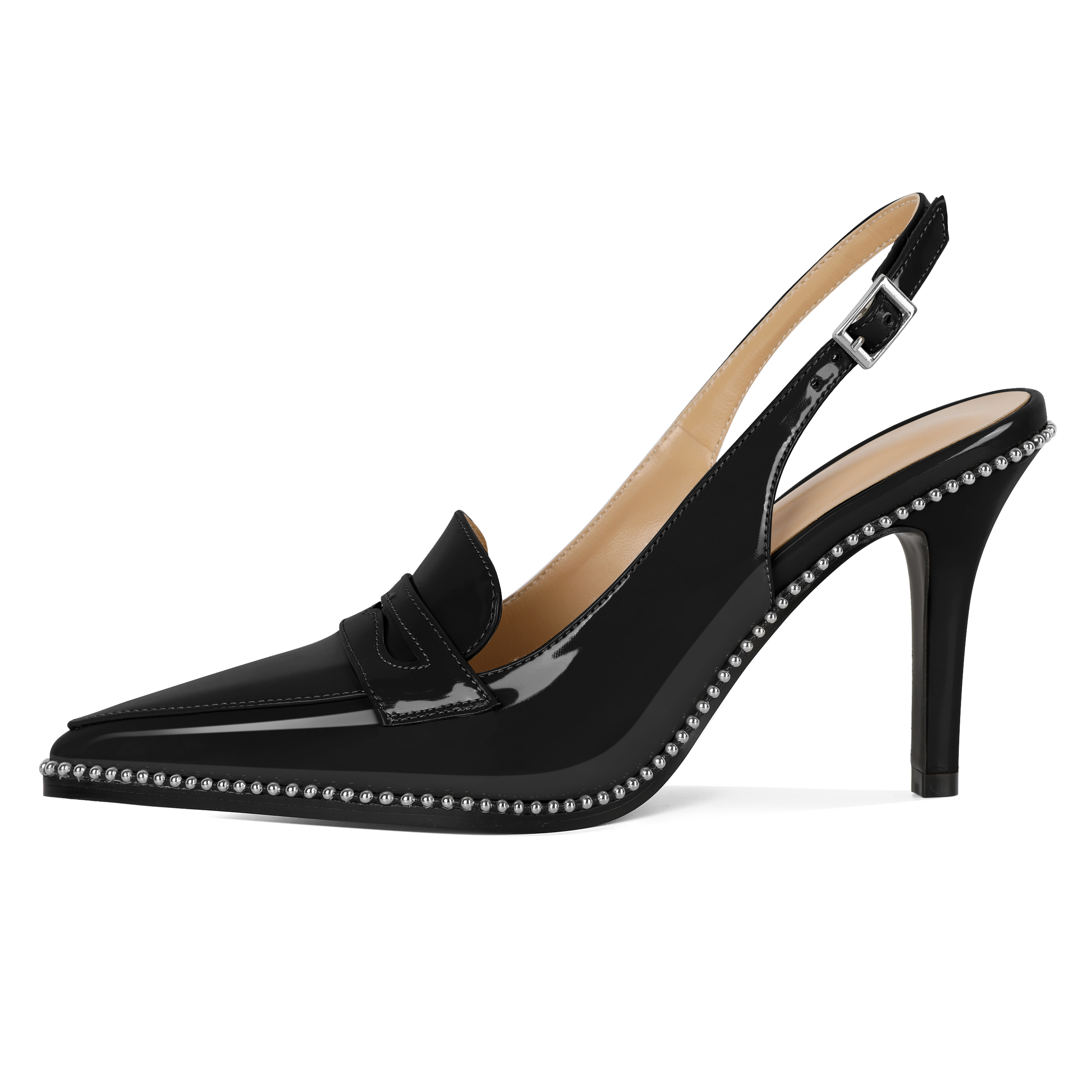 Side profile showing 3.5 inch slim stiletto heel and slingback strap
