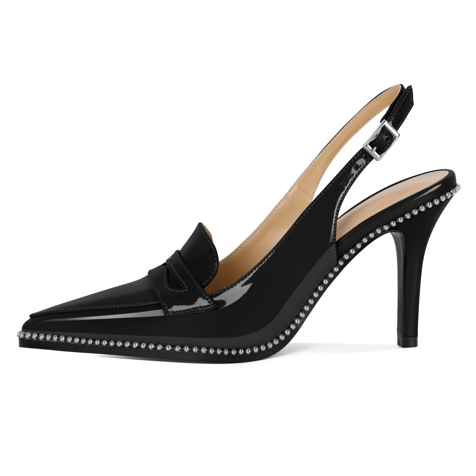 Side profile showing 3.5 inch slim stiletto heel and slingback strap