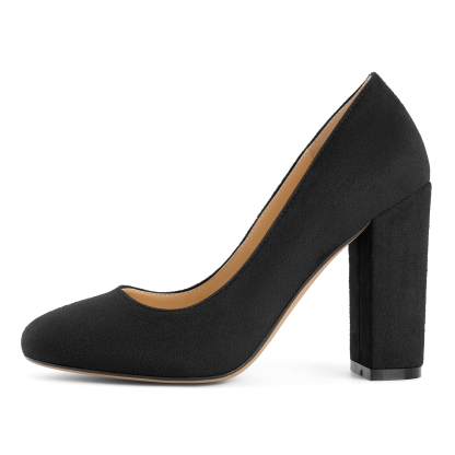 Side view showing suede texture and 4 inch block heel
