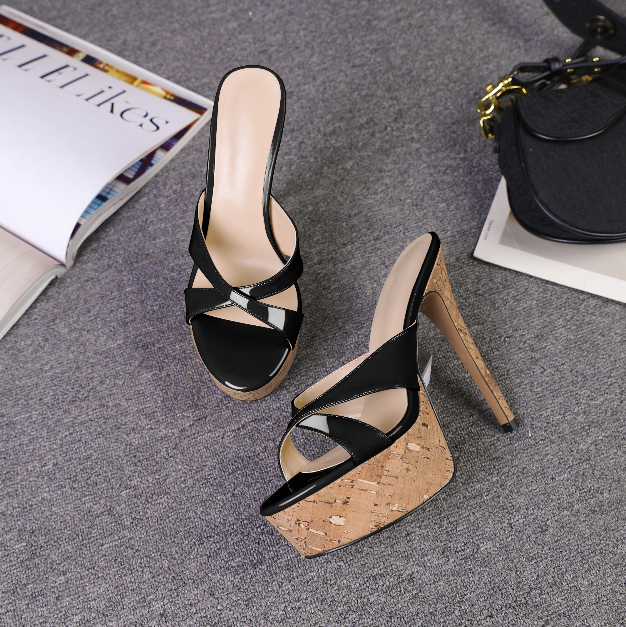 SAMMITOP Heeled Mules for Women Cork Platform Stiletto Heels Slip on Open Toe High Heeled Sandals Crisscross Slippers Pumps Shoe