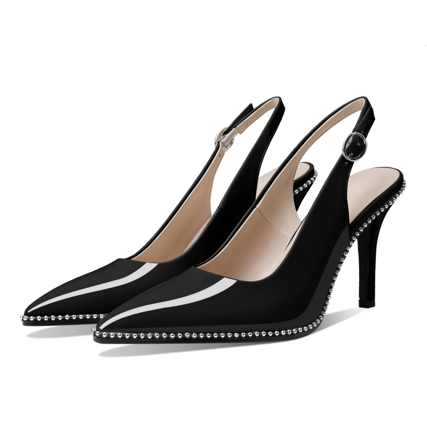 Close-up of silver beaded detailing and pointed toe on black SAMMITOP slingback heels