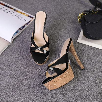 SAMMITOP Heeled Mules for Women Cork Platform Stiletto Heels Slip on Open Toe High Heeled Sandals Crisscross Slippers Pumps Shoe