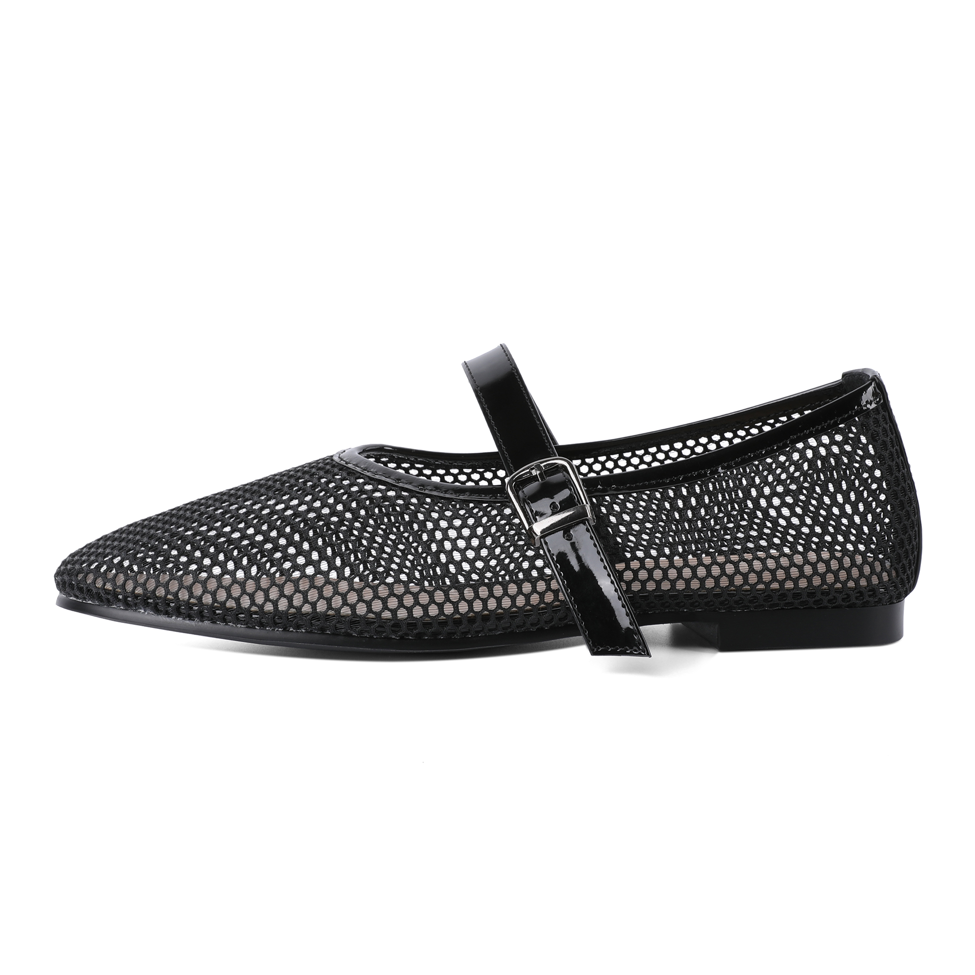 Side angle of Mary Jane mesh flat showing buckle and trim
