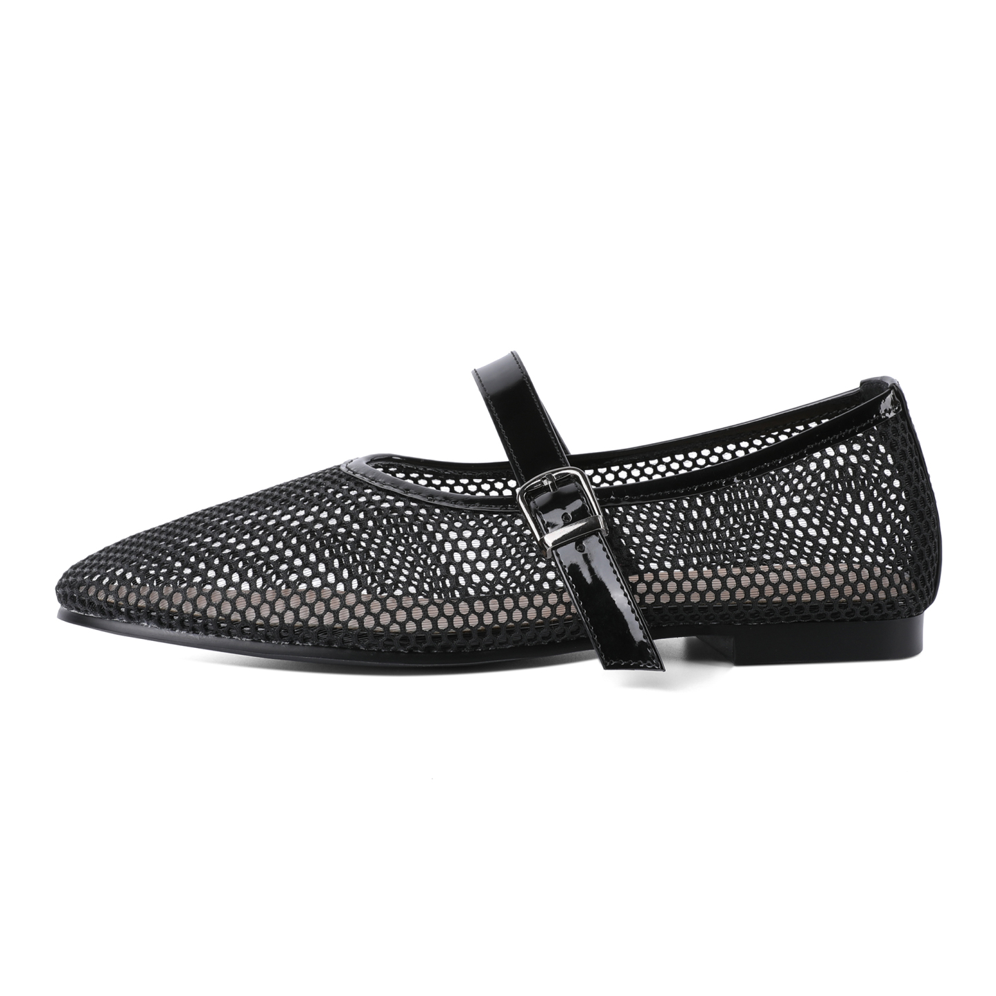 Side angle of Mary Jane mesh flat showing buckle and trim
