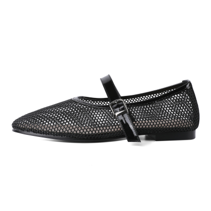 Side angle of Mary Jane mesh flat showing buckle and trim
