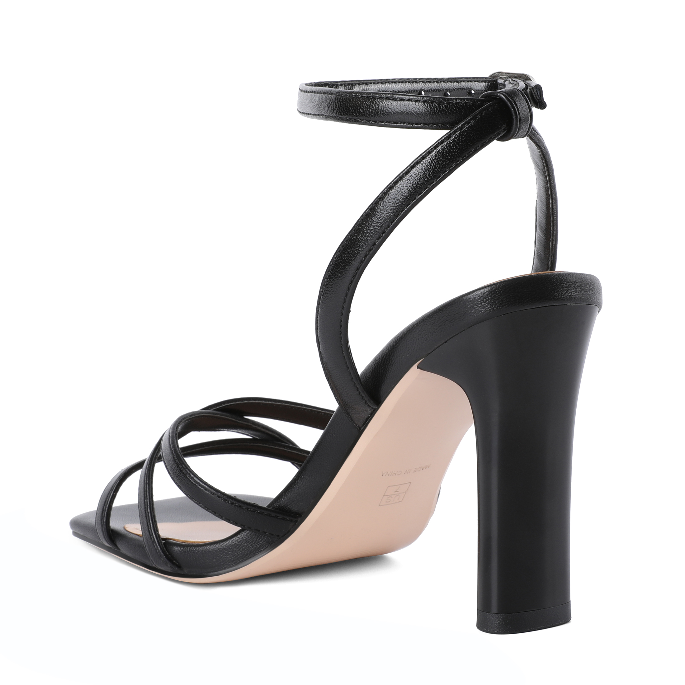 Close-up of the heel and adjustable ankle strap from behind