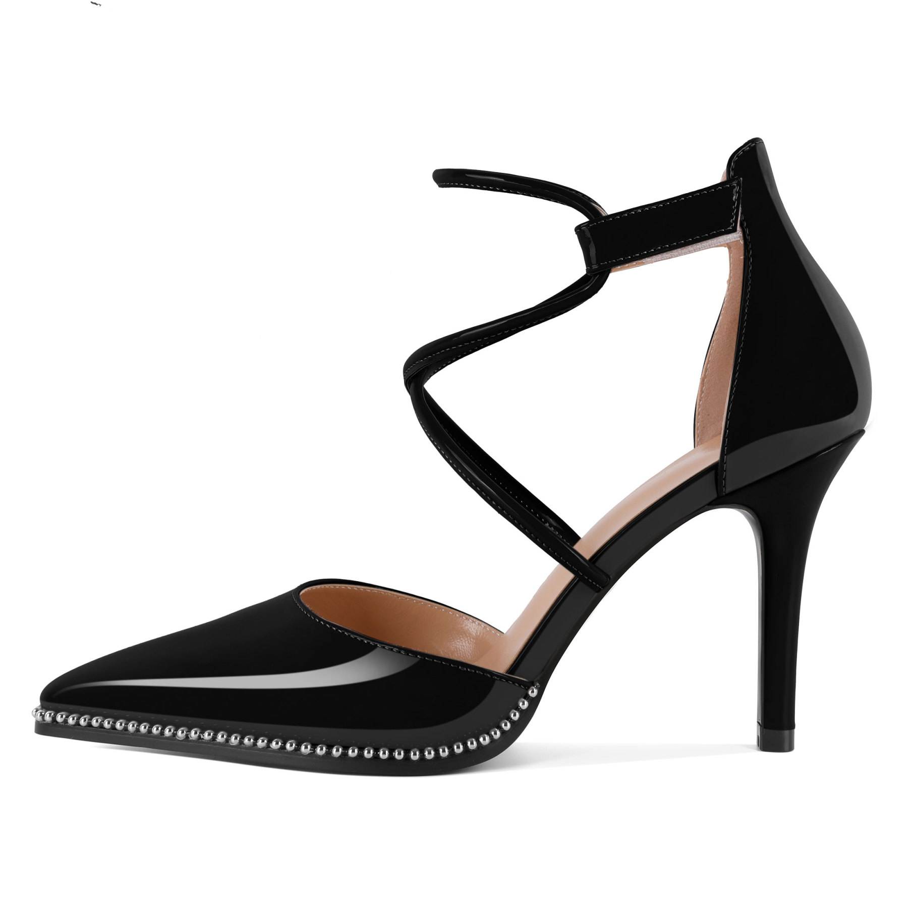 Side view showing 9cm stiletto heel, pointed toe, and criss-cross ankle straps