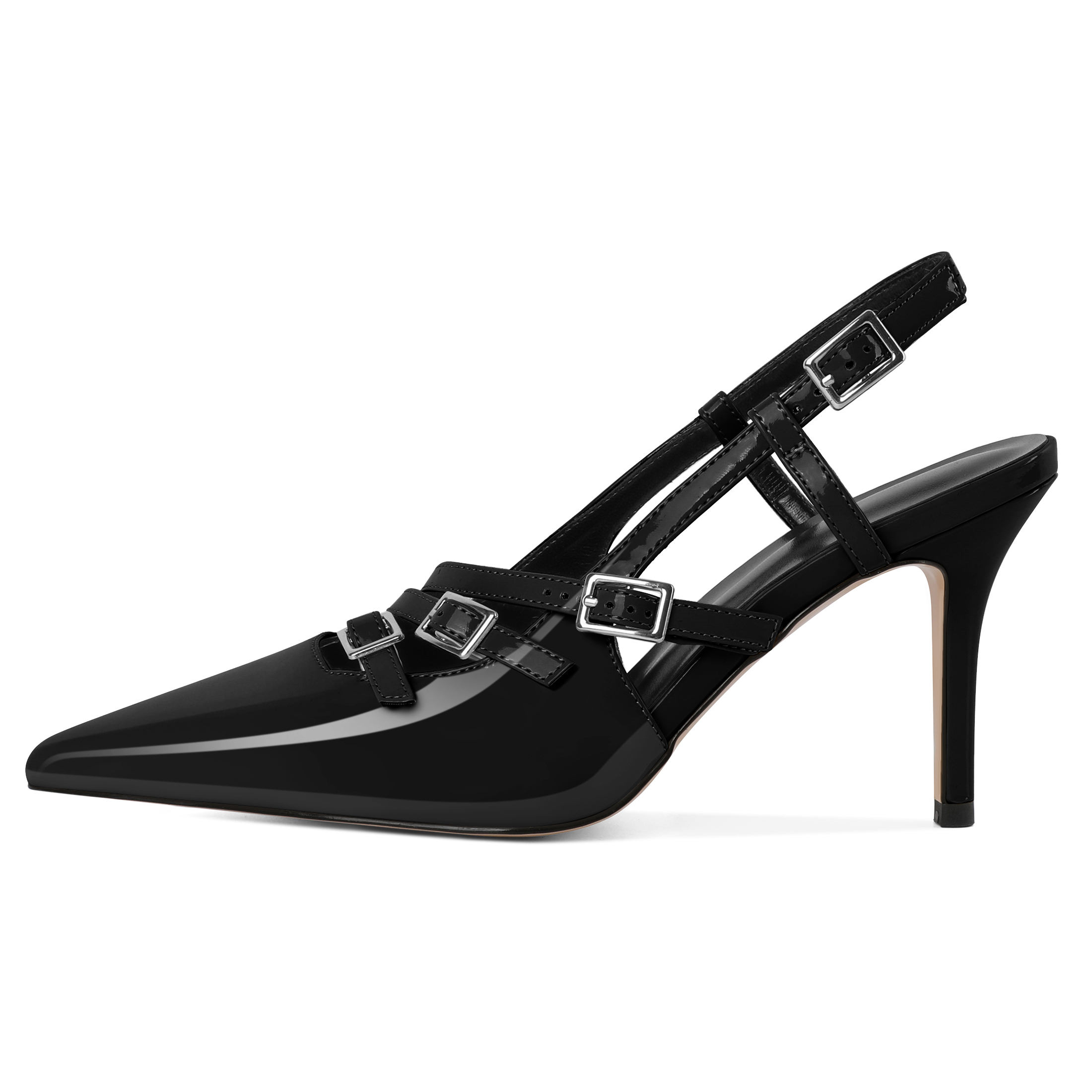 SAMMITOP Side profile of pointed toe 3.5-inch slingback heel Inch Pointed Toe Buckle Straps Pumps 