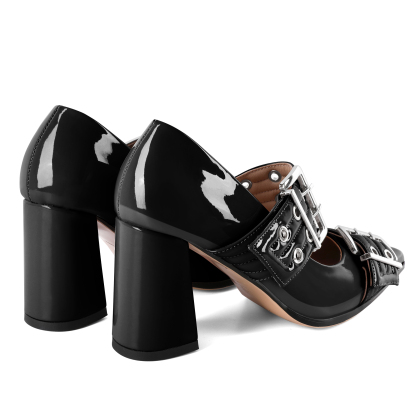 SAMMITOP 3.3 Inch Mary Jane Buckle Chunky Block Pumps Rear view showing heel structure and slingback fit