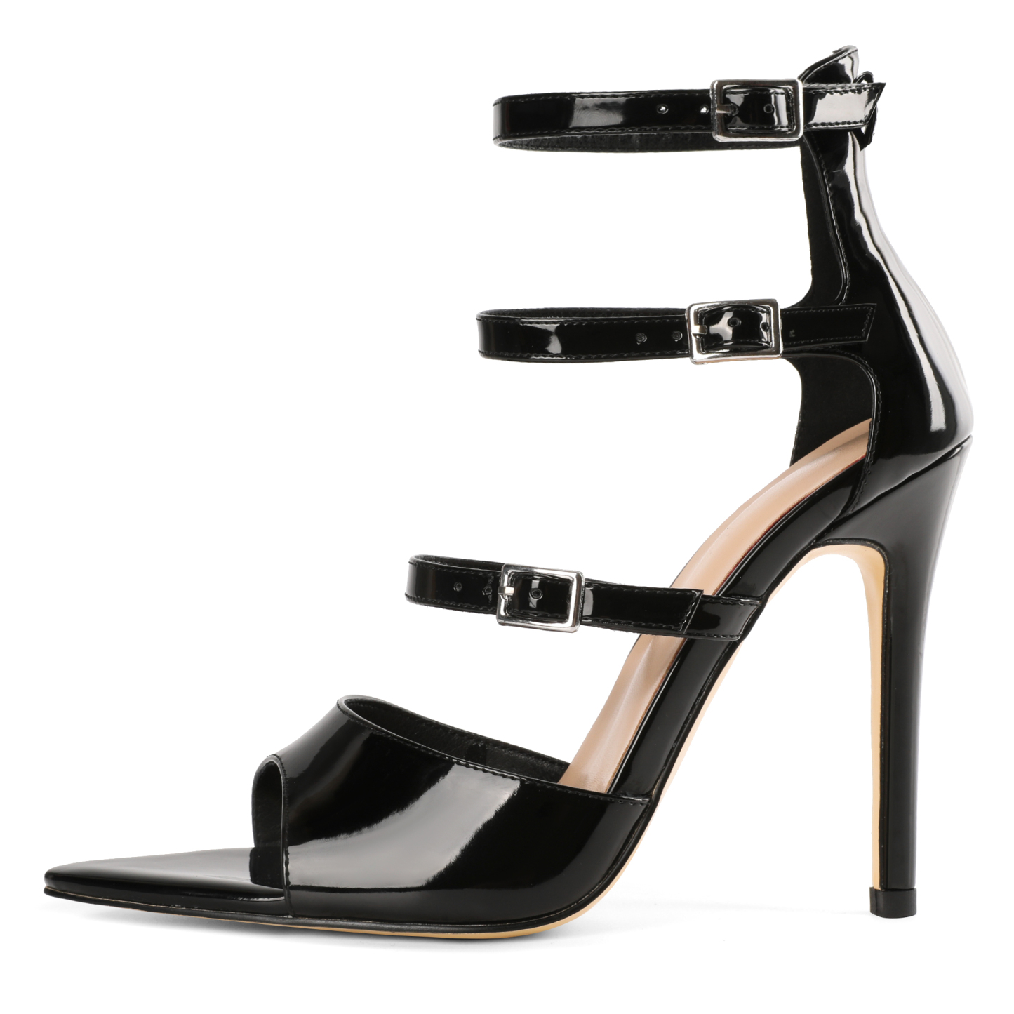 SAMMITOP 4 Inch  Side view of black stiletto heel sandals with sleek triple straps and open toe design