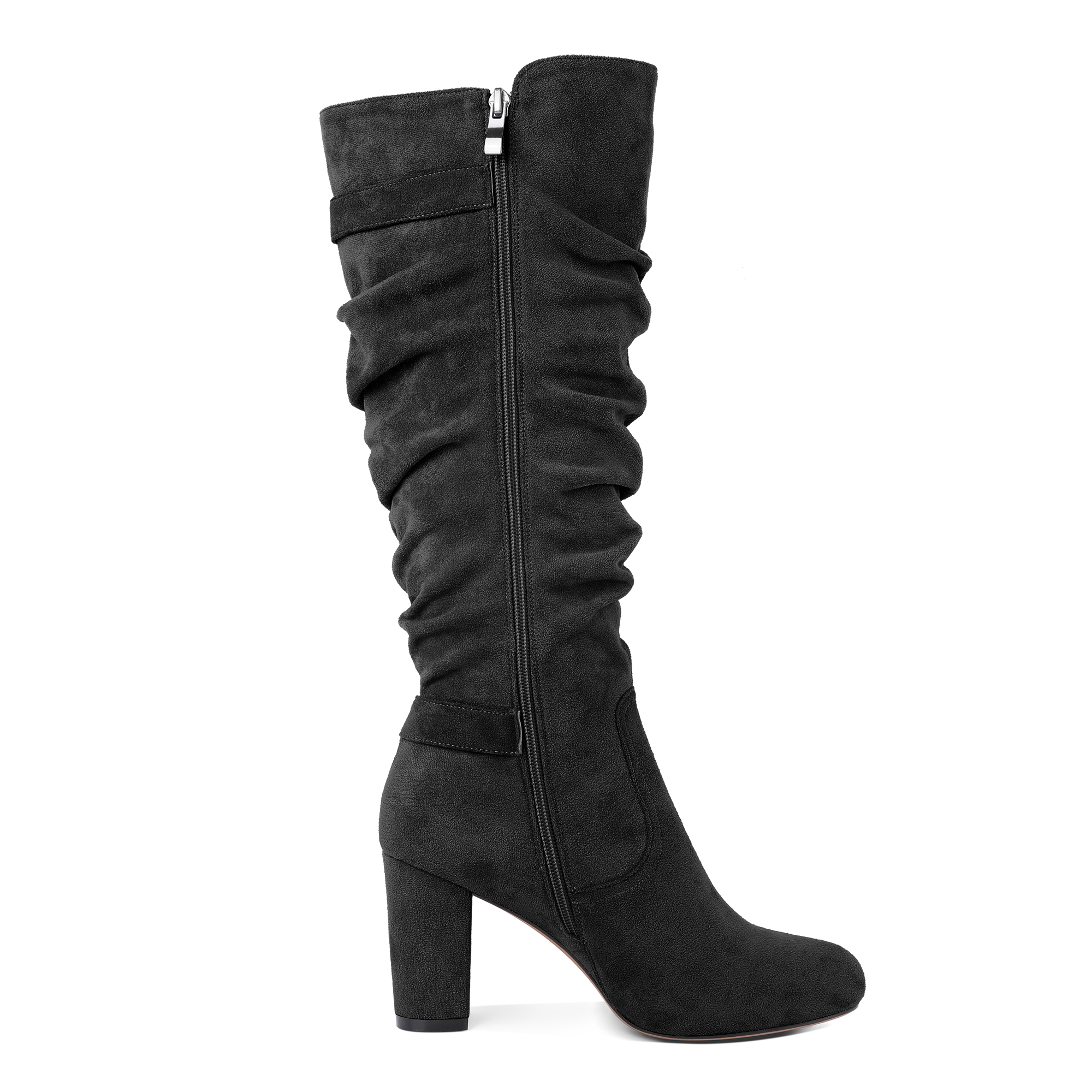 Sammitop Slouchy High Heel Boots for Women Knee High Chunky Heel Boots Round Toe Slouch Metal Buckle Side Zipper Tall Boots 3.5 Inches