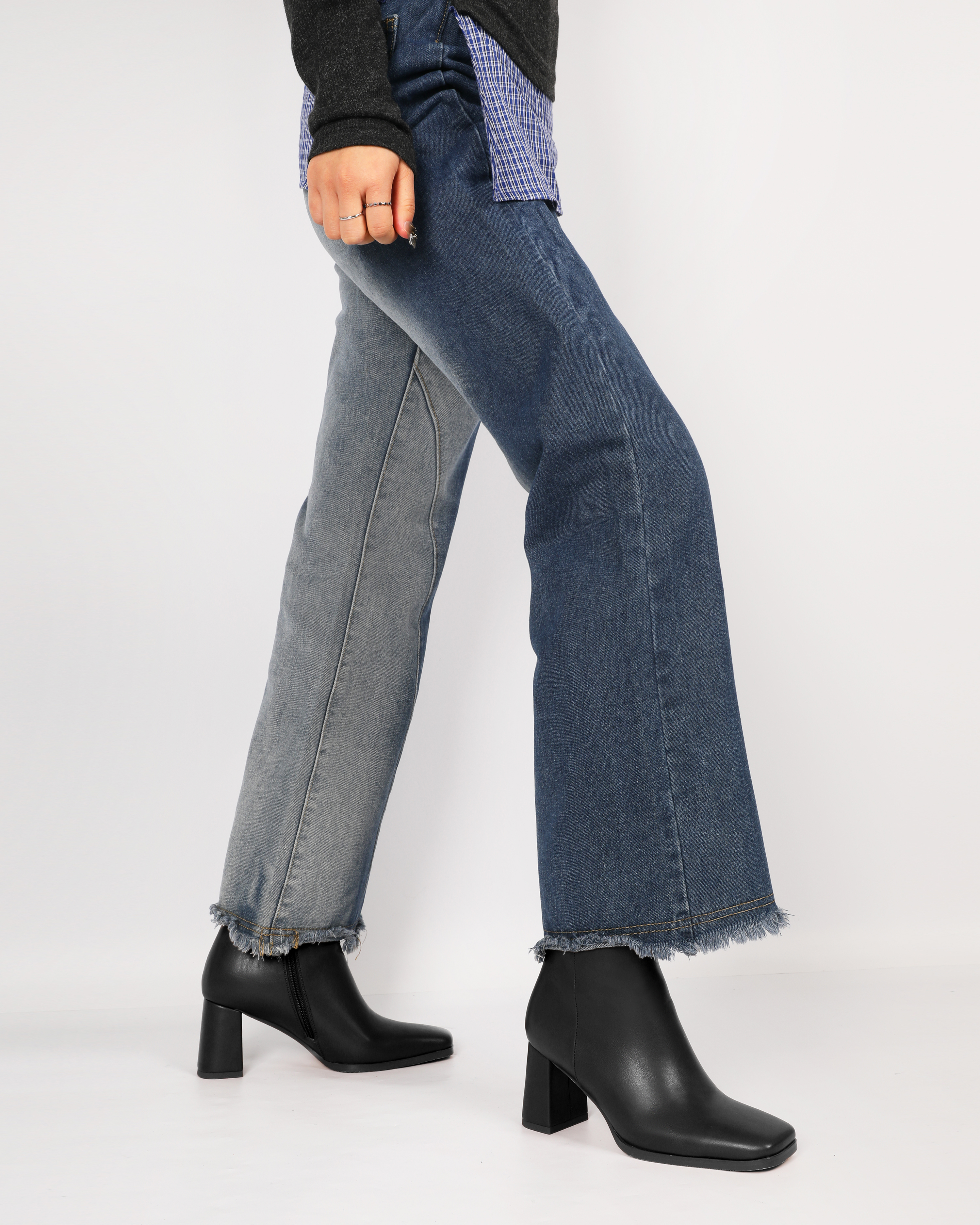 Street-style outfit with beige lambskin square toe ankle boots