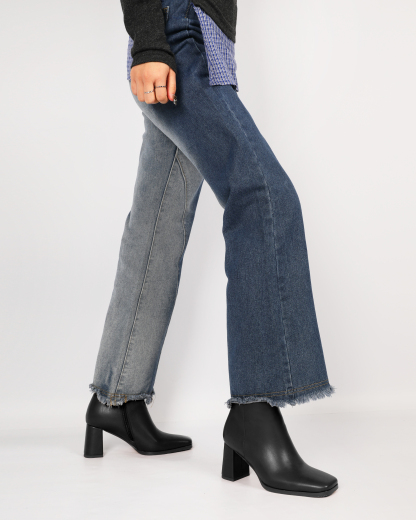 Street-style outfit with beige lambskin square toe ankle boots