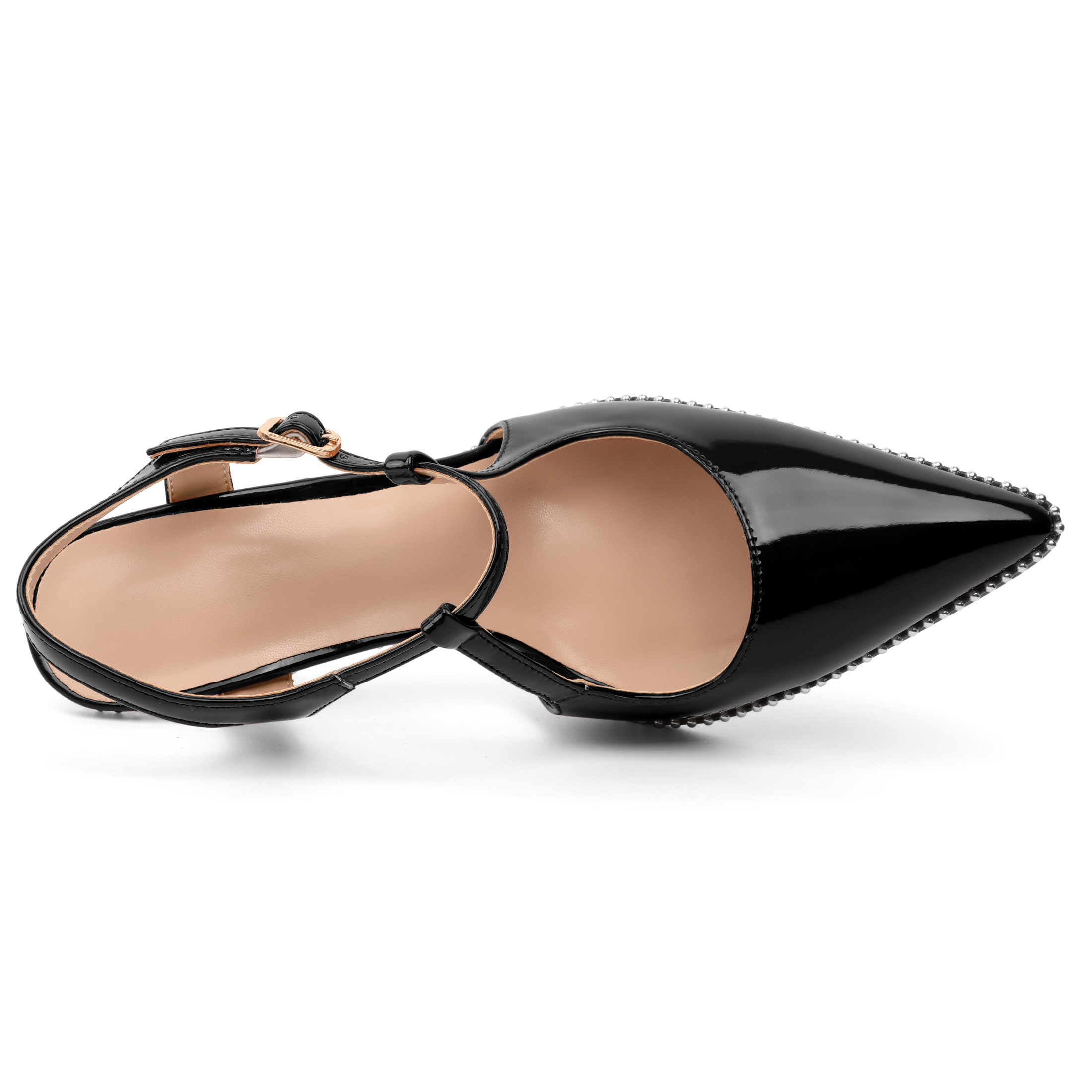Top-down view of brown pumps highlighting pointed toe