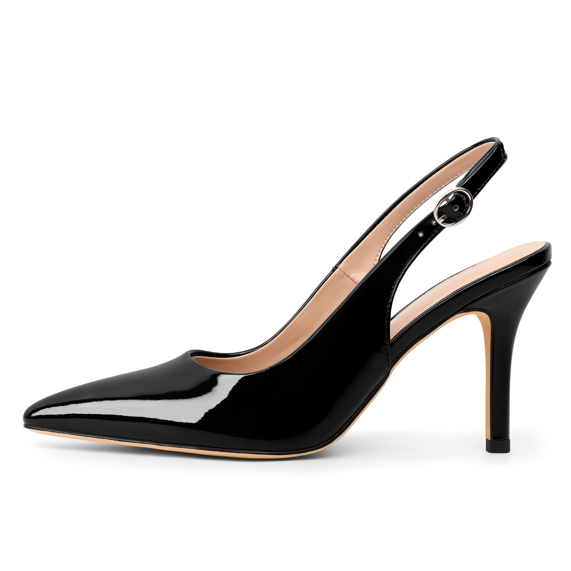 Side view showing stiletto heel and pointed toe on black heels