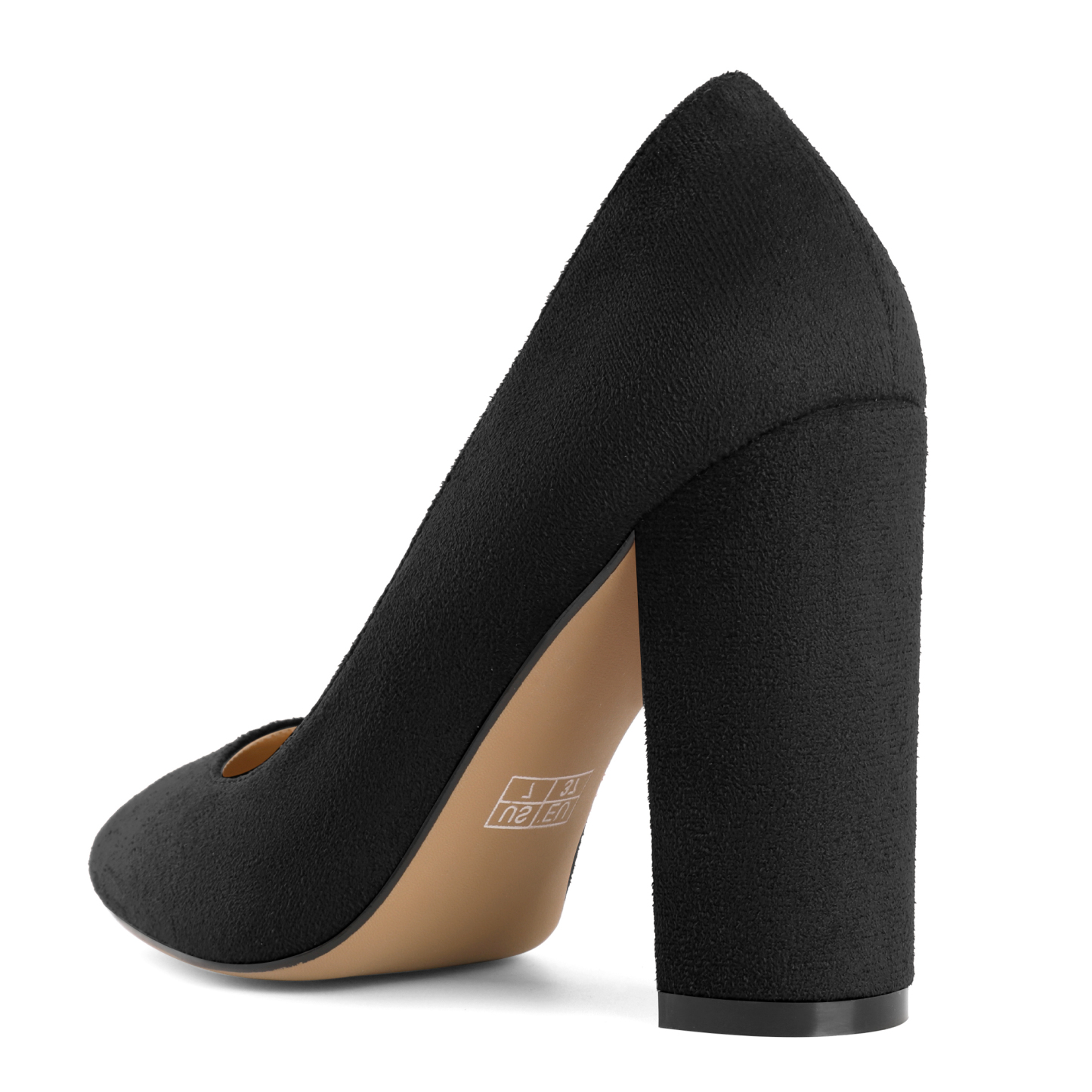 Back of suede pumps with slip-on construction and chunky heel