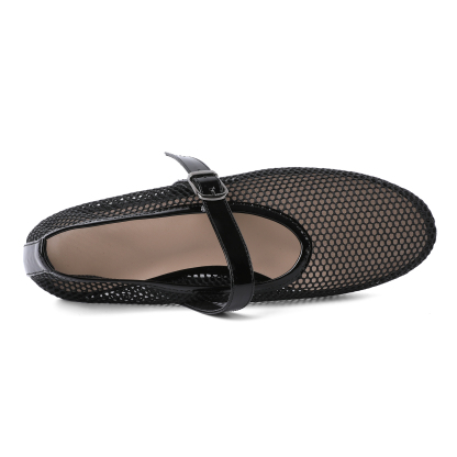 Top-down view showing round toe and mesh upper