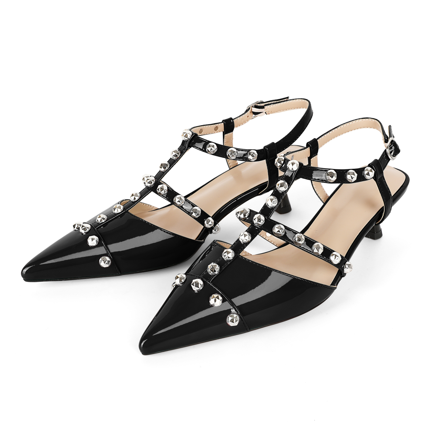 SAMMITOP 2 Inch Studded T-Strap Pumps Side angle showing pointed toe and cone heel